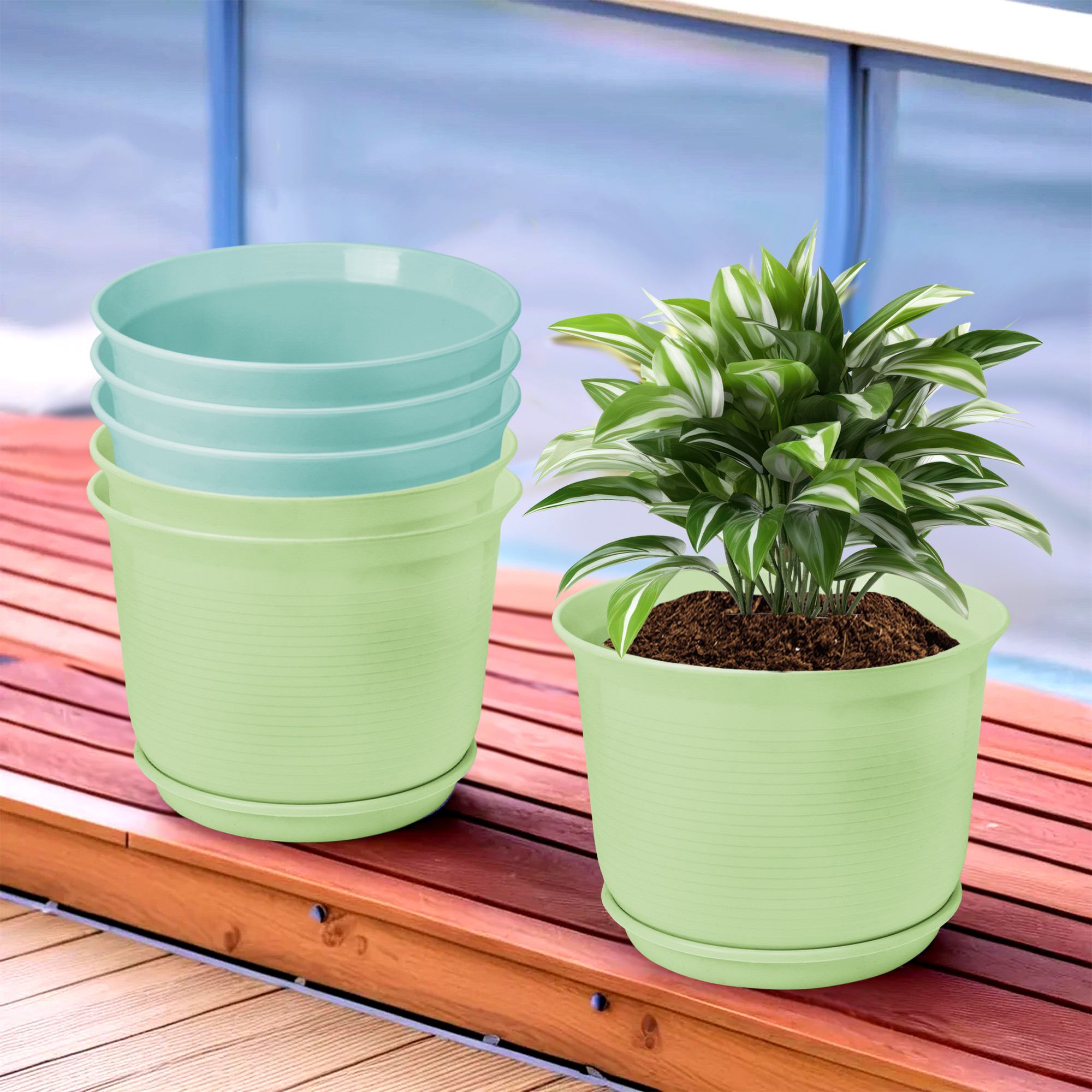 Kuber Industries Flower Pot with Bottom Tray | Flower Planter Pots | Planters for Home-Lawns & Garden | Flower Planter for Balcony | Plain Sawera | 10 Inch | Sky Blue & Light Green
