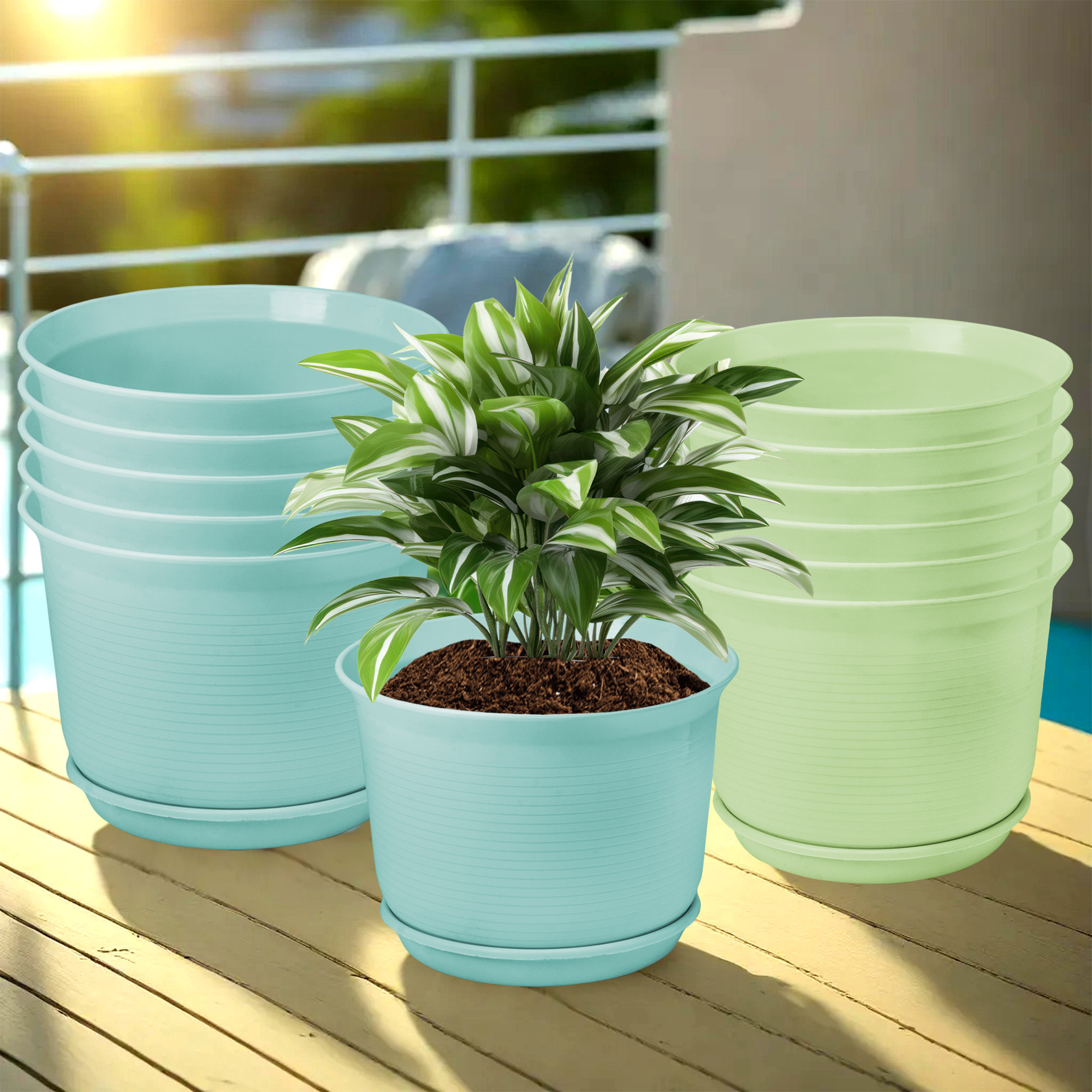 Kuber Industries Flower Pot with Bottom Tray | Flower Planter Pots | Planters for Home-Lawns & Garden | Flower Planter for Balcony | Plain Sawera | 10 Inch | Sky Blue & Light Green