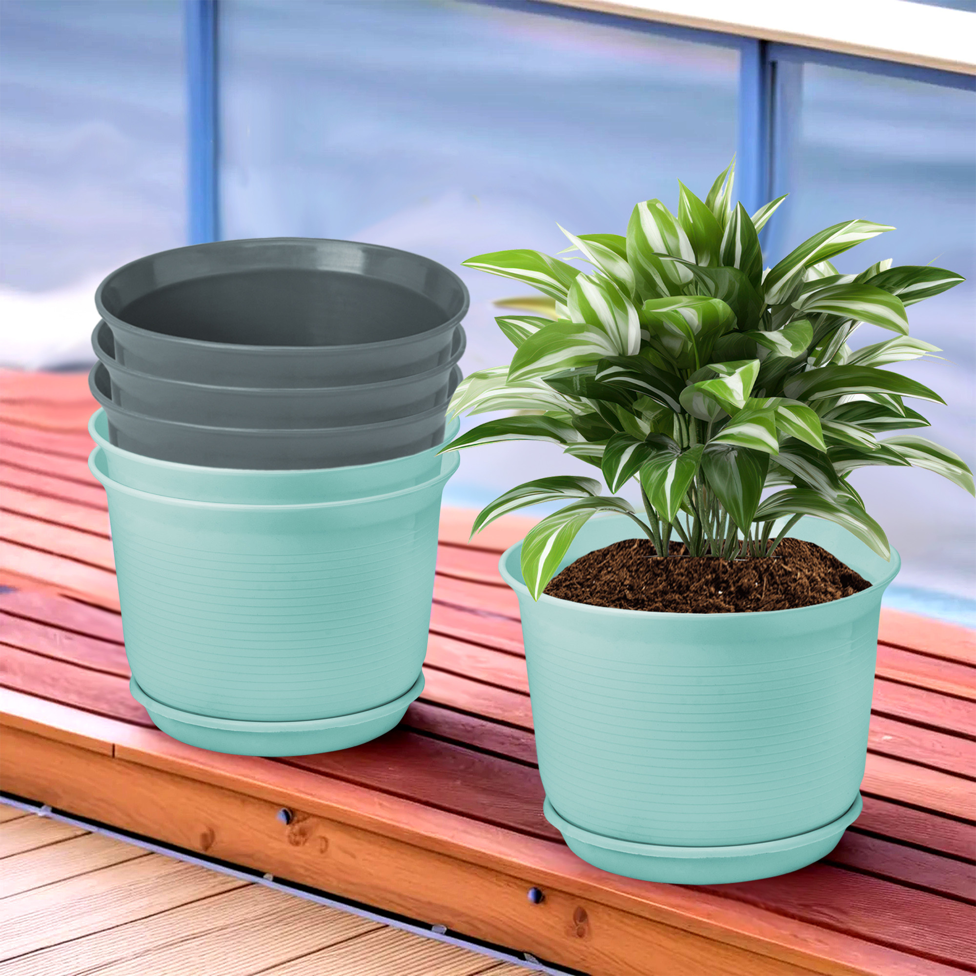 Kuber Industries Flower Pot with Bottom Tray | Flower Planter Pots | Planters for Home-Lawns & Garden | Flower Planter for Balcony | Plain Sawera | 10 Inch | Sky Blue & Gray