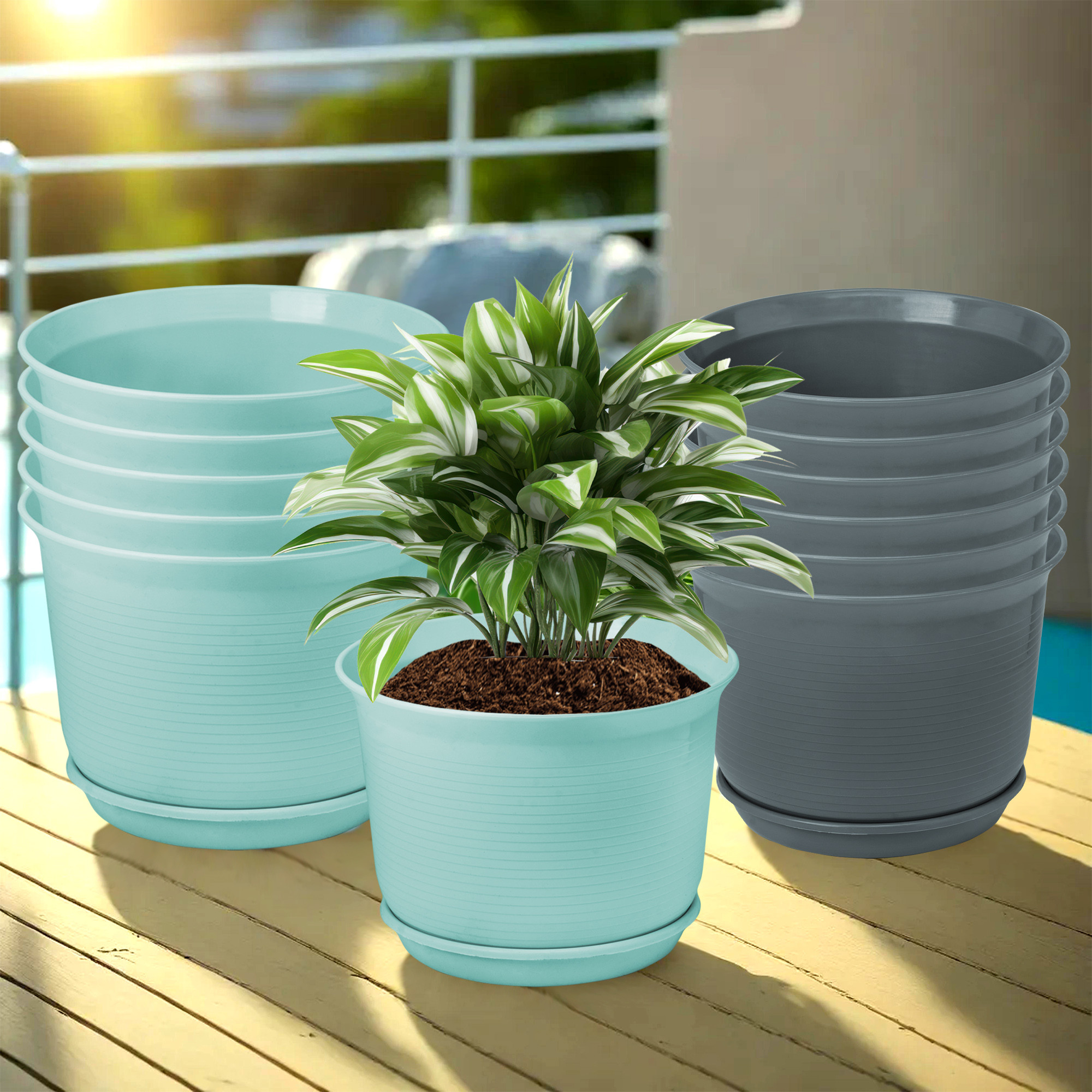 Kuber Industries Flower Pot with Bottom Tray | Flower Planter Pots | Planters for Home-Lawns & Garden | Flower Planter for Balcony | Plain Sawera | 10 Inch | Sky Blue & Gray