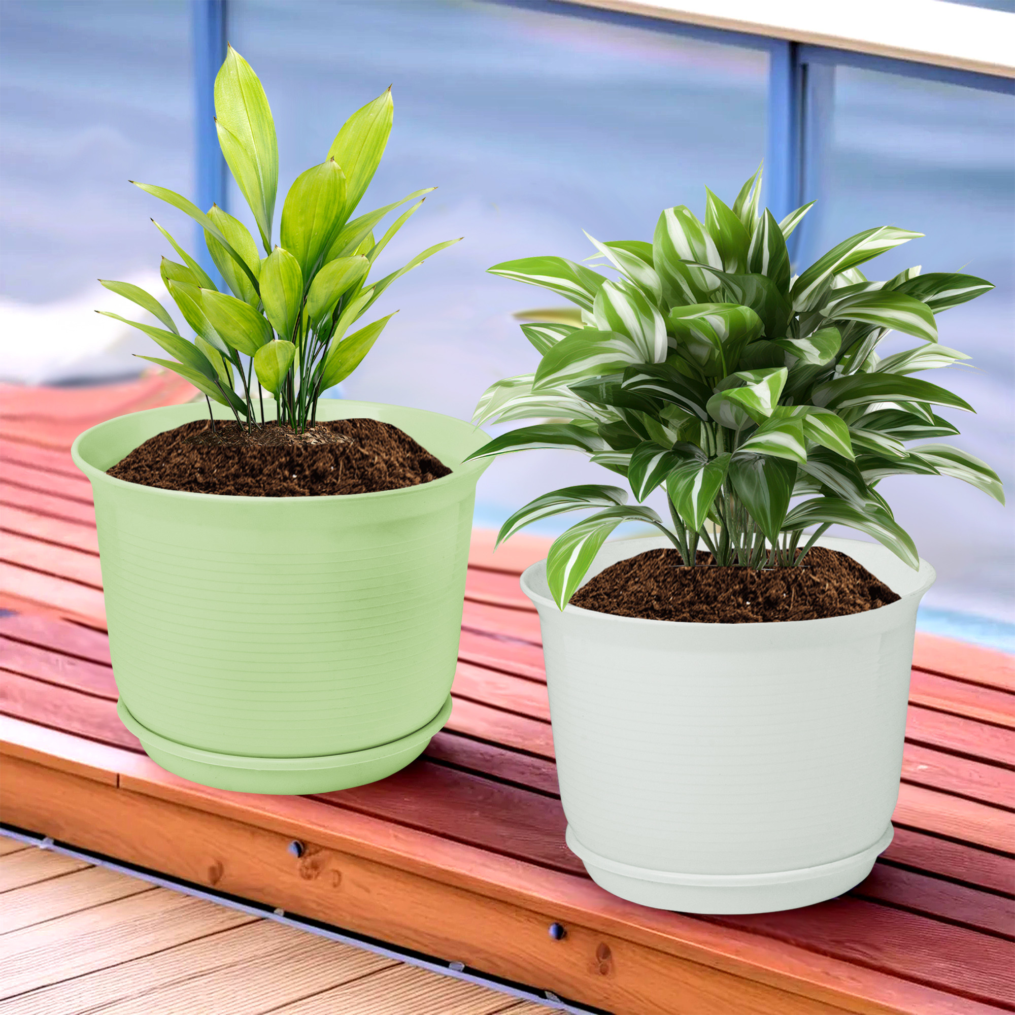 Kuber Industries Flower Pot with Bottom Tray | Flower Planter Pots | Planters for Home-Lawns & Garden | Flower Planter for Balcony | Plain Sawera | 10 Inch | White & Light Green