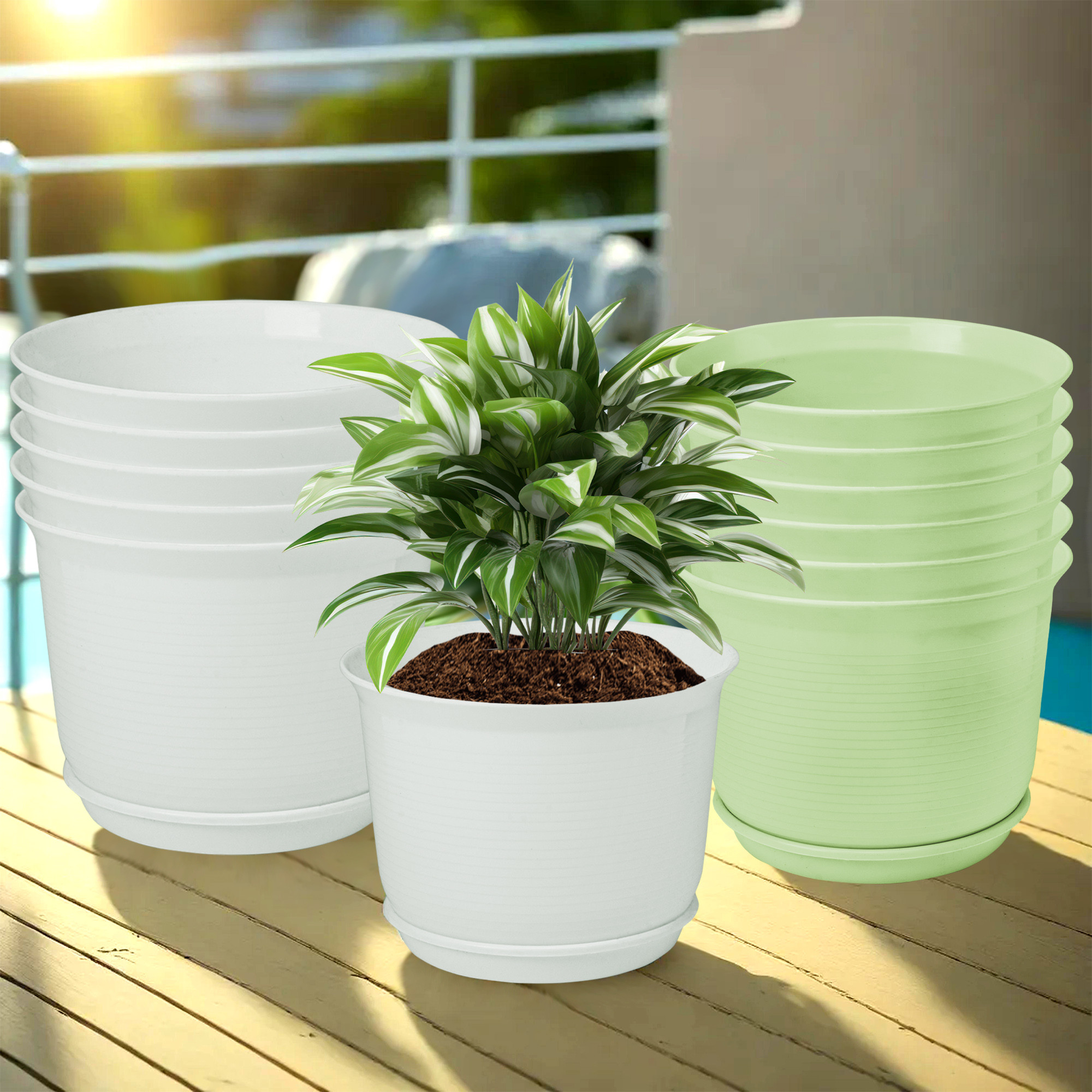 Kuber Industries Flower Pot with Bottom Tray | Flower Planter Pots | Planters for Home-Lawns & Garden | Flower Planter for Balcony | Plain Sawera | 10 Inch | White & Light Green
