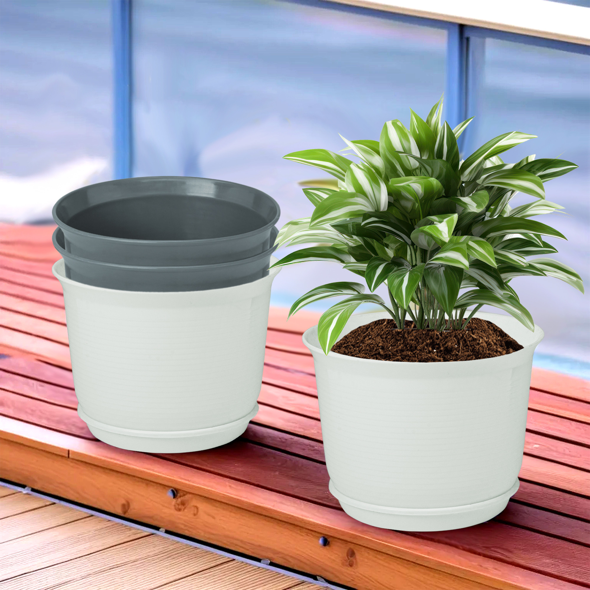 Kuber Industries Flower Pot with Bottom Tray | Flower Planter Pots | Planters for Home-Lawns & Garden | Flower Planter for Balcony | Plain Sawera | 10 Inch | White & Gray