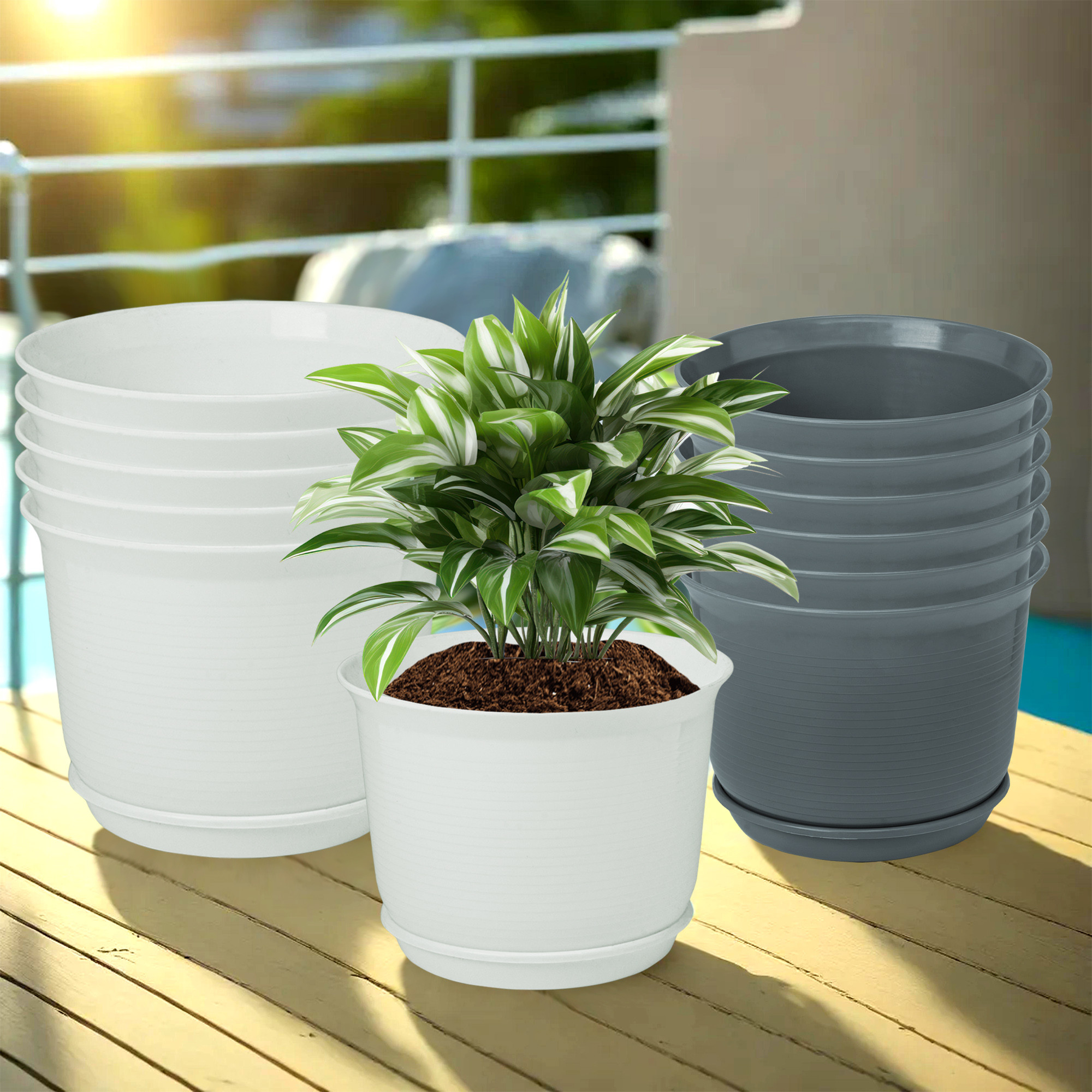 Kuber Industries Flower Pot with Bottom Tray | Flower Planter Pots | Planters for Home-Lawns & Garden | Flower Planter for Balcony | Plain Sawera | 10 Inch | White & Gray