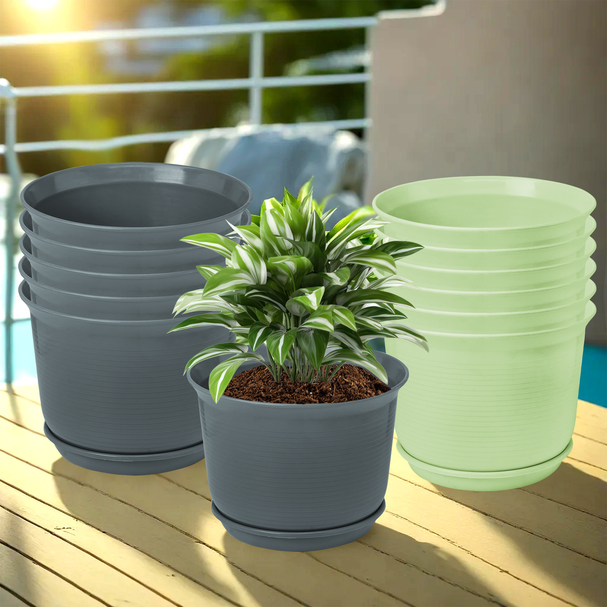 Kuber Industries Flower Pot with Bottom Tray | Flower Planter Pots | Planters for Home-Lawns & Garden | Flower Planter for Balcony | Plain Sawera | 10 Inch | Light Green & Gray