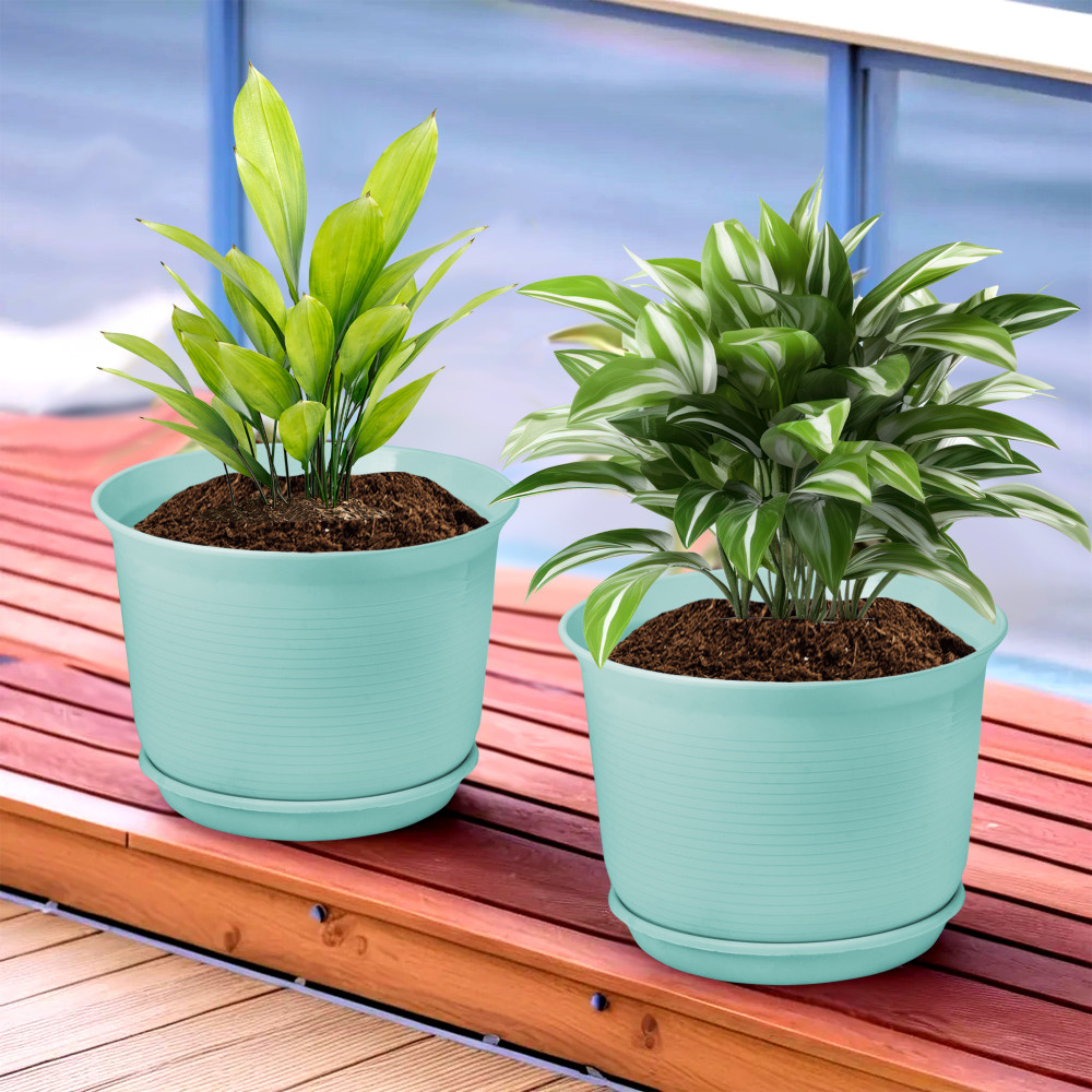 Kuber Industries Flower Pot with Bottom Tray | Flower Pot for Living Room | Planters for Home-Lawns &amp; Gardening | Flower Planter for Balcony | Plain Sawera | 10 Inch | Sky Blue