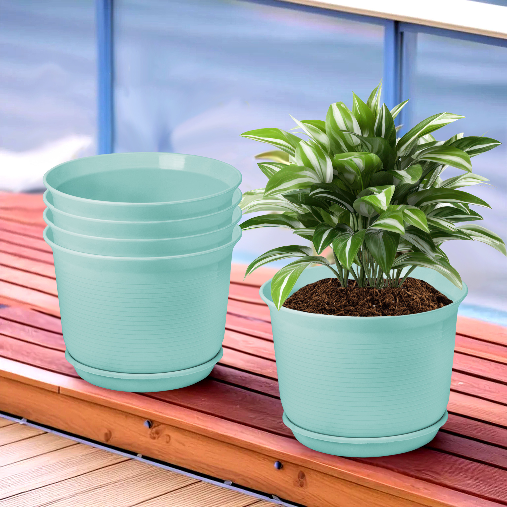 Kuber Industries Flower Pot with Bottom Tray | Flower Pot for Living Room | Planters for Home-Lawns & Gardening | Flower Planter for Balcony | Plain Sawera | 10 Inch | Sky Blue