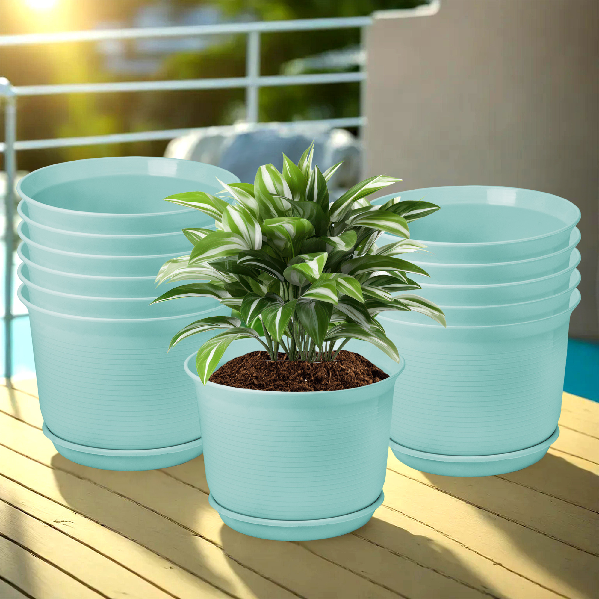 Kuber Industries Flower Pot with Bottom Tray | Flower Pot for Living Room | Planters for Home-Lawns & Gardening | Flower Planter for Balcony | Plain Sawera | 10 Inch | Sky Blue