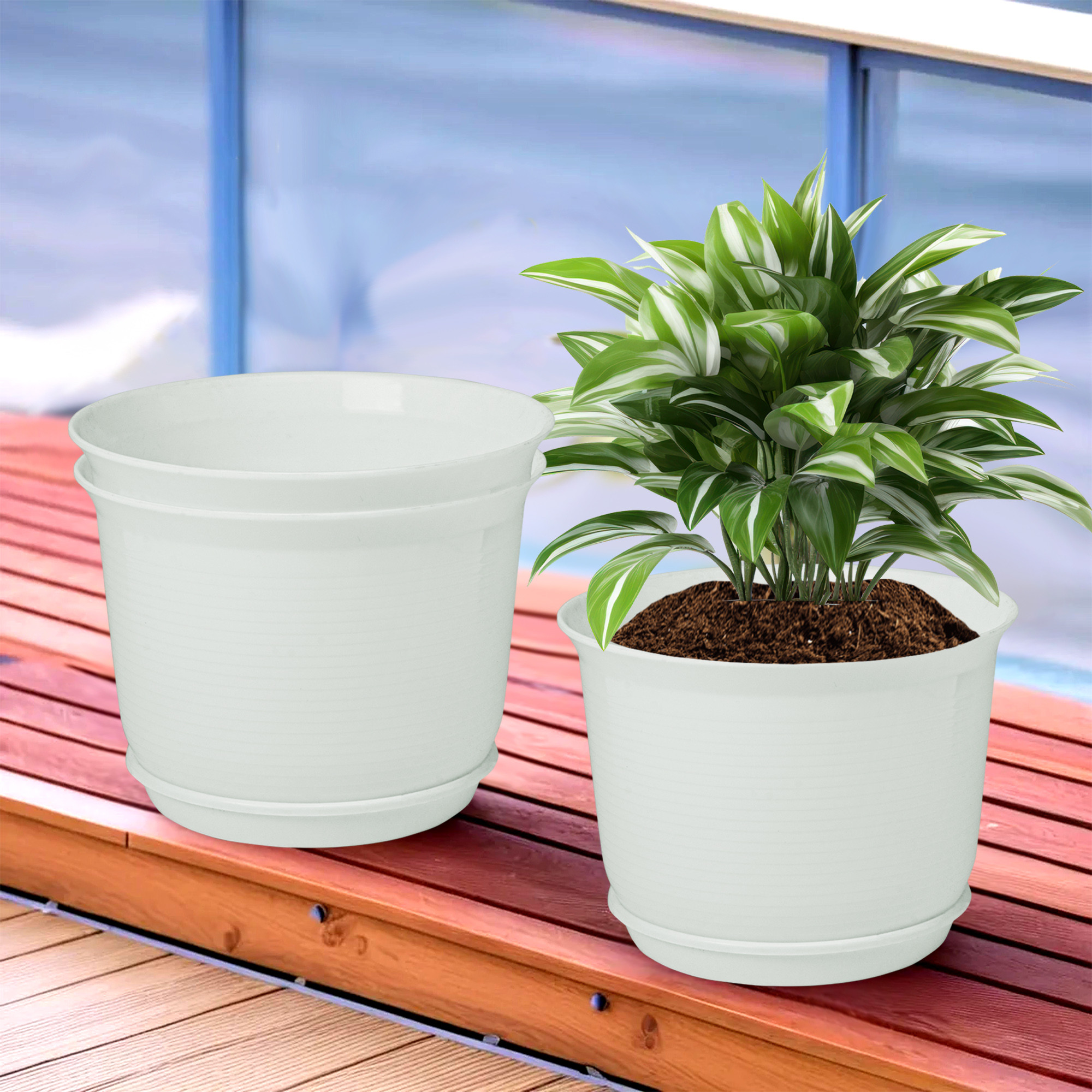 Kuber Industries Flower Pot with Bottom Tray | Flower Pot for Living Room | Planters for Home-Lawns & Gardening | Flower Planter for Balcony | Plain Sawera | 10 Inch | White