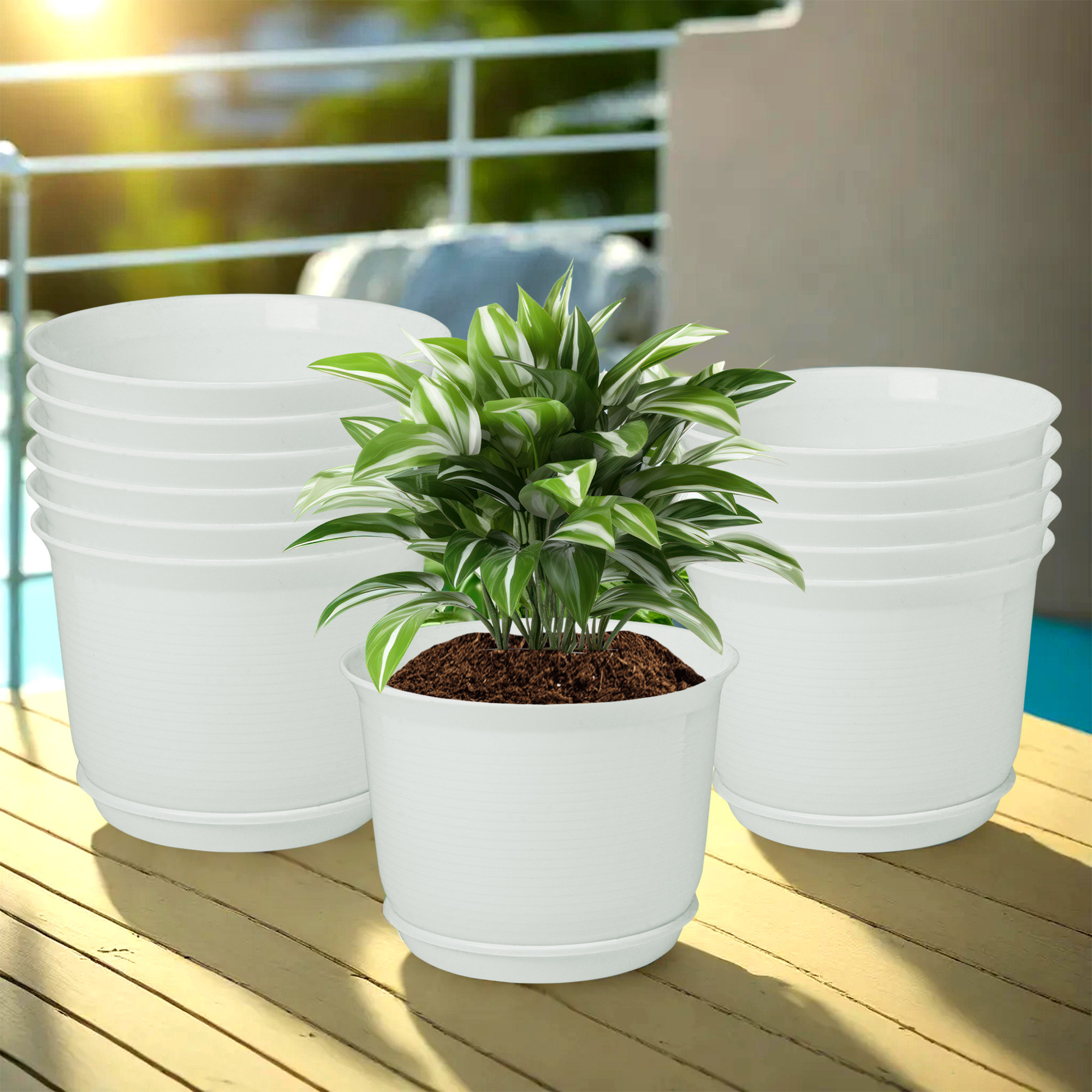 Kuber Industries Flower Pot with Bottom Tray | Flower Pot for Living Room | Planters for Home-Lawns & Gardening | Flower Planter for Balcony | Plain Sawera | 10 Inch | White