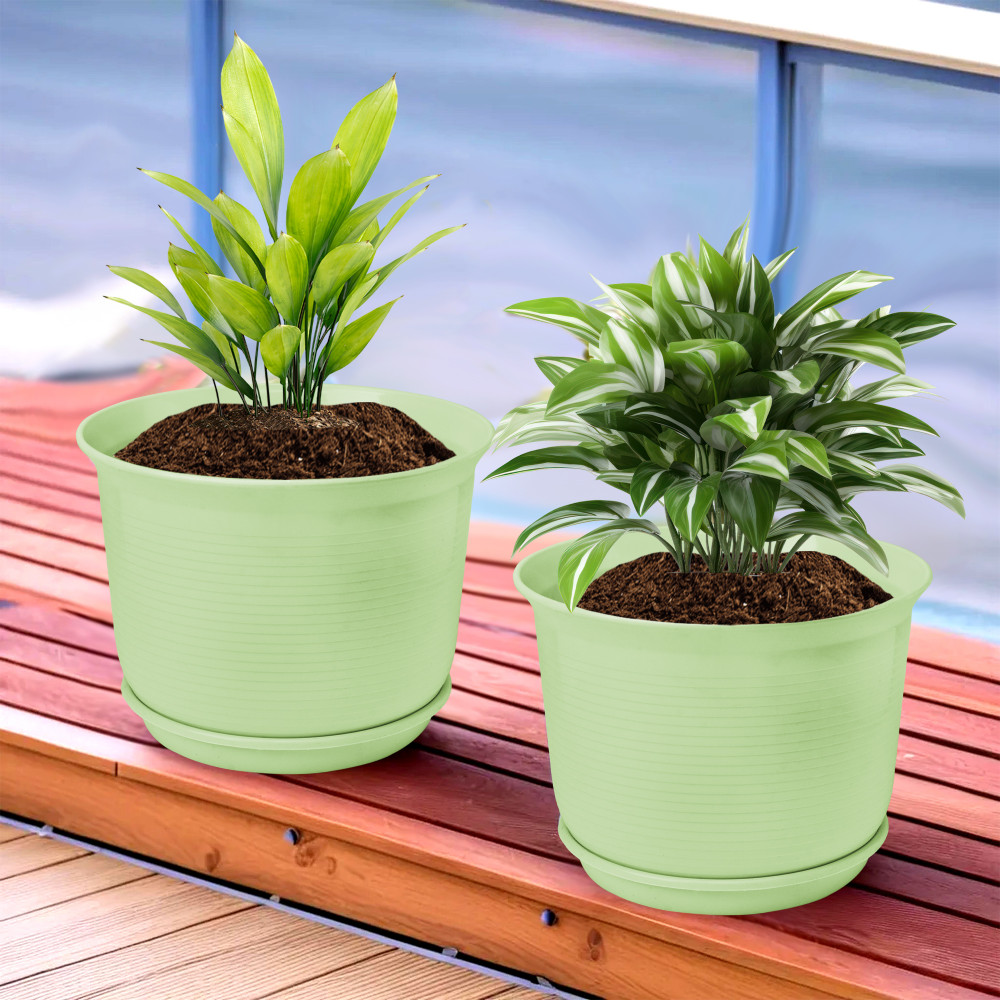 Kuber Industries Flower Pot with Bottom Tray | Flower Pot for Living Room | Planters for Home-Lawns &amp; Gardening | Flower Planter for Balcony | Plain Sawera | 10 Inch | Light Green