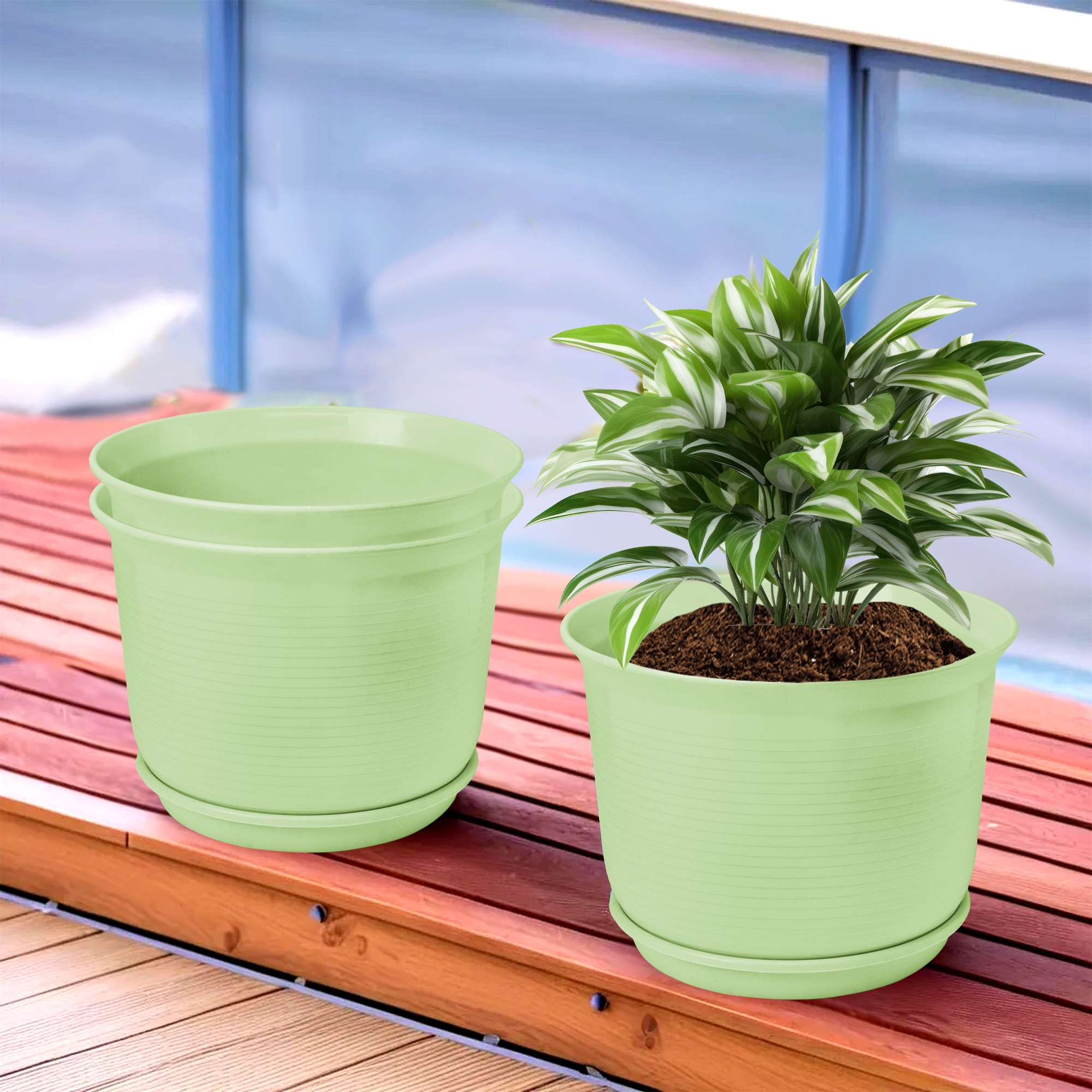 Kuber Industries Flower Pot with Bottom Tray | Flower Pot for Living Room | Planters for Home-Lawns & Gardening | Flower Planter for Balcony | Plain Sawera | 10 Inch | Light Green