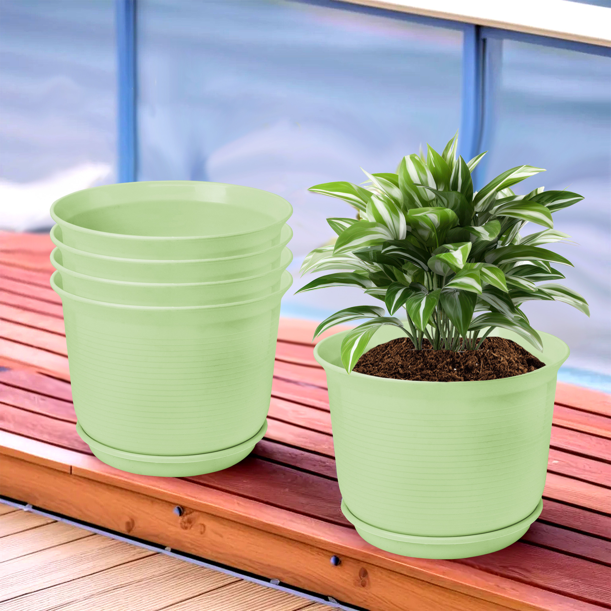 Kuber Industries Flower Pot with Bottom Tray | Flower Pot for Living Room | Planters for Home-Lawns & Gardening | Flower Planter for Balcony | Plain Sawera | 10 Inch | Light Green