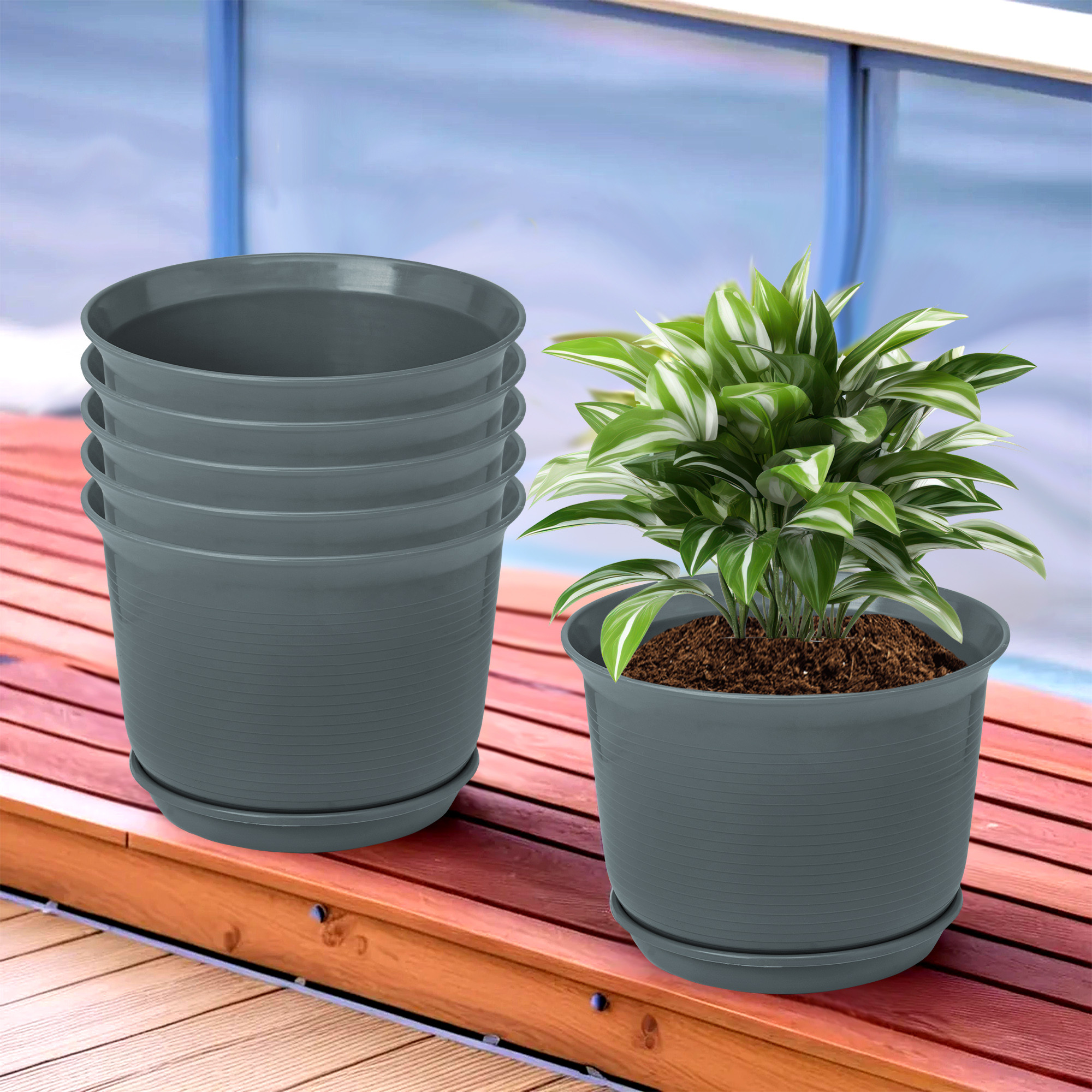 Kuber Industries Flower Pot with Bottom Tray | Flower Pot for Living Room | Planters for Home-Lawns & Gardening | Flower Planter for Balcony | Plain Sawera | 10 Inch | Gray