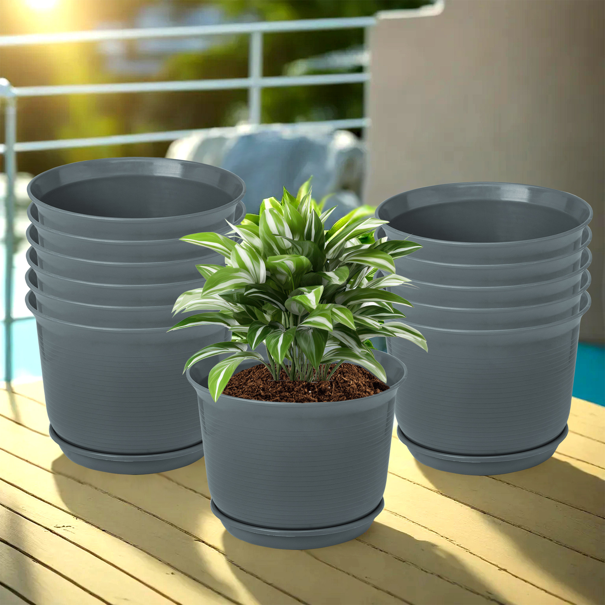 Kuber Industries Flower Pot with Bottom Tray | Flower Pot for Living Room | Planters for Home-Lawns & Gardening | Flower Planter for Balcony | Plain Sawera | 10 Inch | Gray