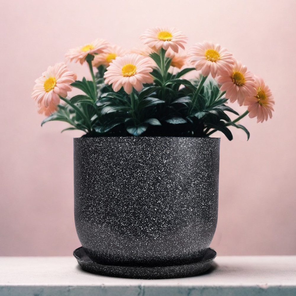 Kuber Industries Flower Pot with Plate | 10 Inch Lightweight Polymers Indoor-Outdoor Plant Pots | Flower Pot Gamla for Home-Office &amp; Garden | Flower Pot for Living Room | Marble Jaguar | Black