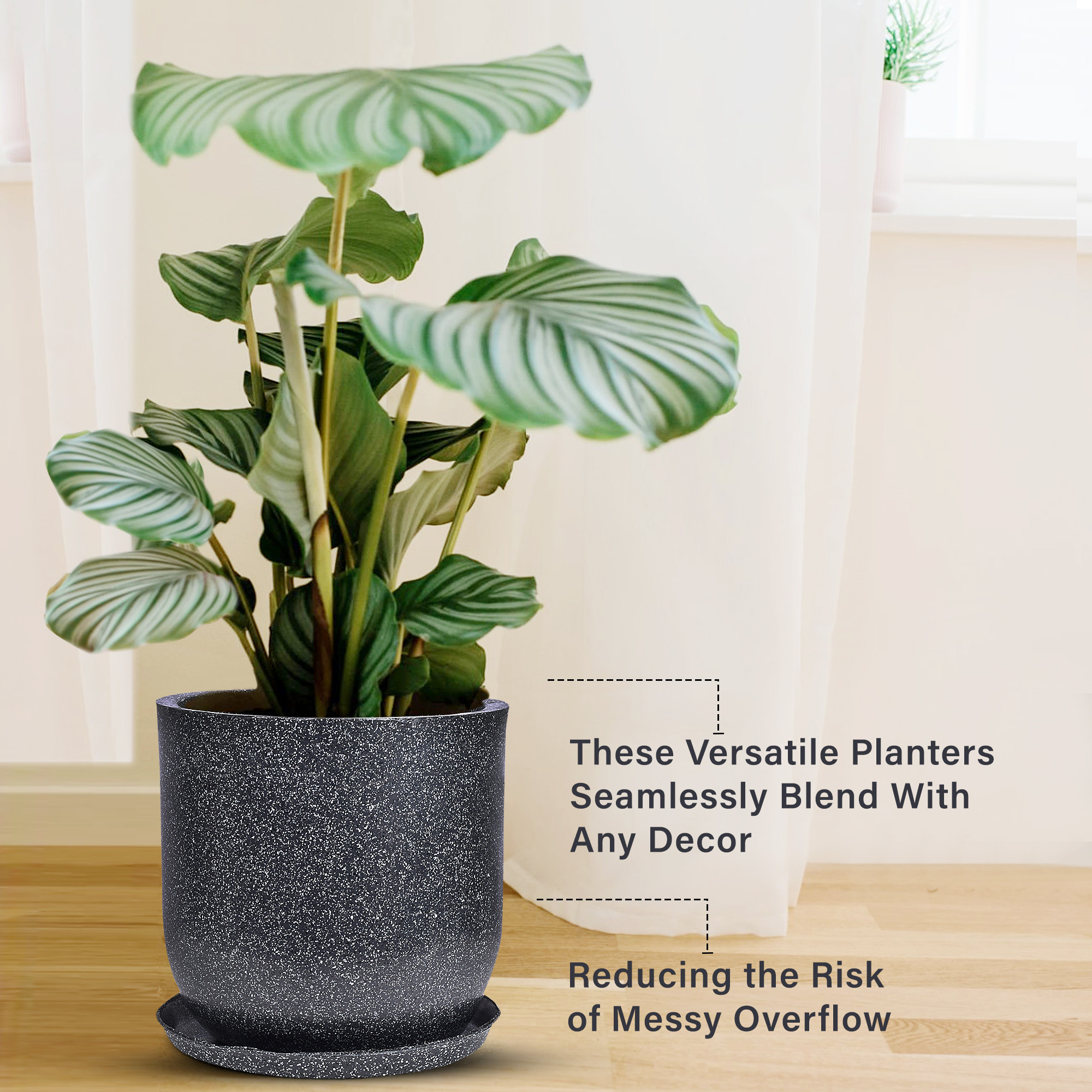 Kuber Industries Flower Pot with Plate | 10 Inch Lightweight Polymers Indoor-Outdoor Plant Pots | Flower Pot Gamla for Home-Office & Garden | Flower Pot for Living Room | Marble Jaguar | Black