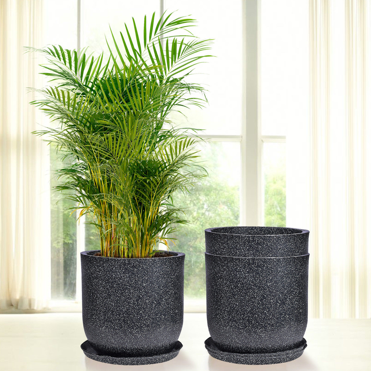 Kuber Industries Flower Pot with Plate | 10 Inch Lightweight Polymers Indoor-Outdoor Plant Pots | Flower Pot Gamla for Home-Office & Garden | Flower Pot for Living Room | Marble Jaguar | Black