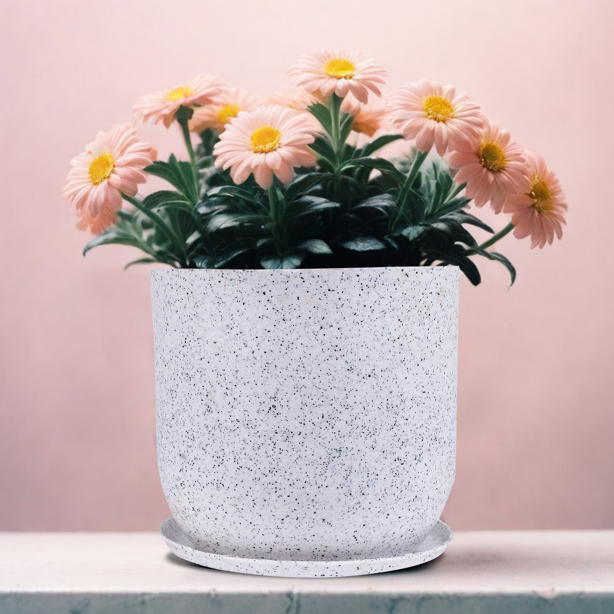 Kuber Industries Flower Pot with Plate | 10 Inch Lightweight Polymers Indoor-Outdoor Plant Pots | Flower Pot Gamla for Home-Office & Garden | Flower Pot for Living Room | Marble Jaguar | White