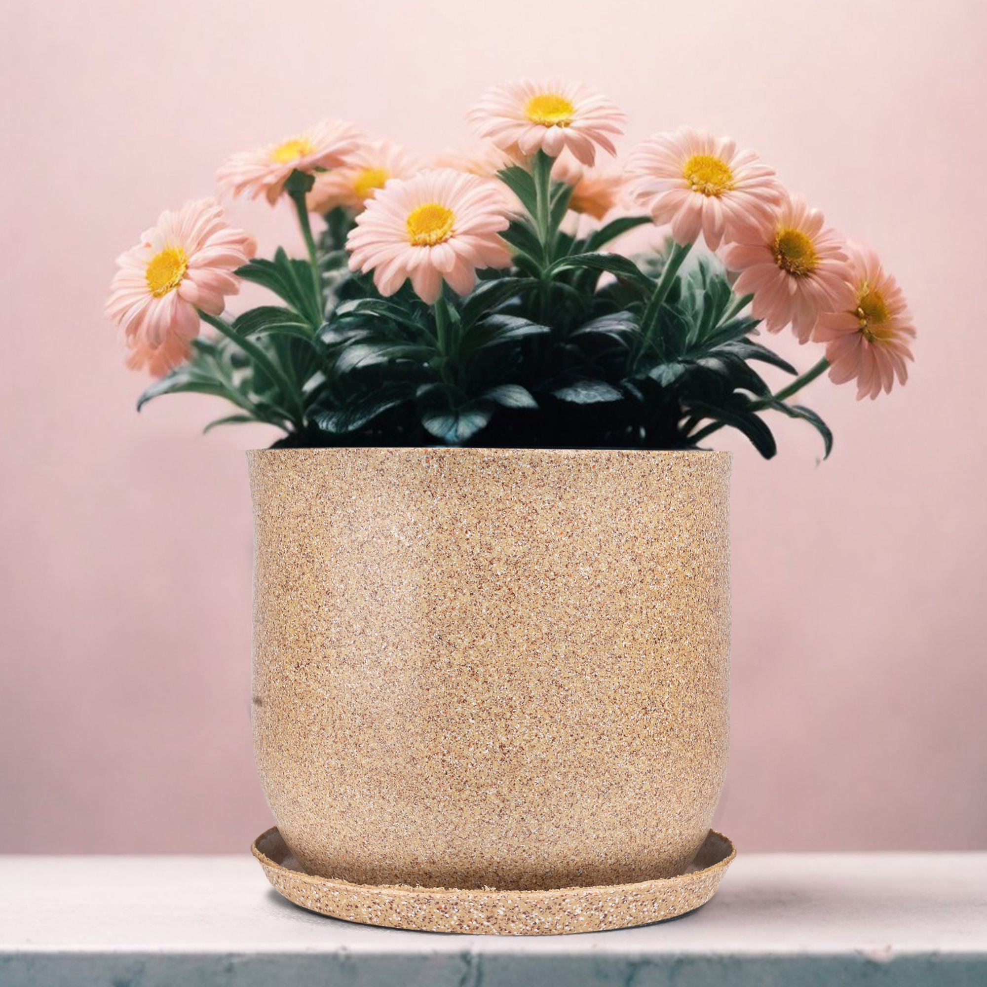 Kuber Industries Flower Pot with Plate | 10 Inch Lightweight Polymers Indoor-Outdoor Plant Pots | Flower Pot Gamla for Home-Office & Garden | Flower Pot for Living Room | Marble Jaguar | Sand