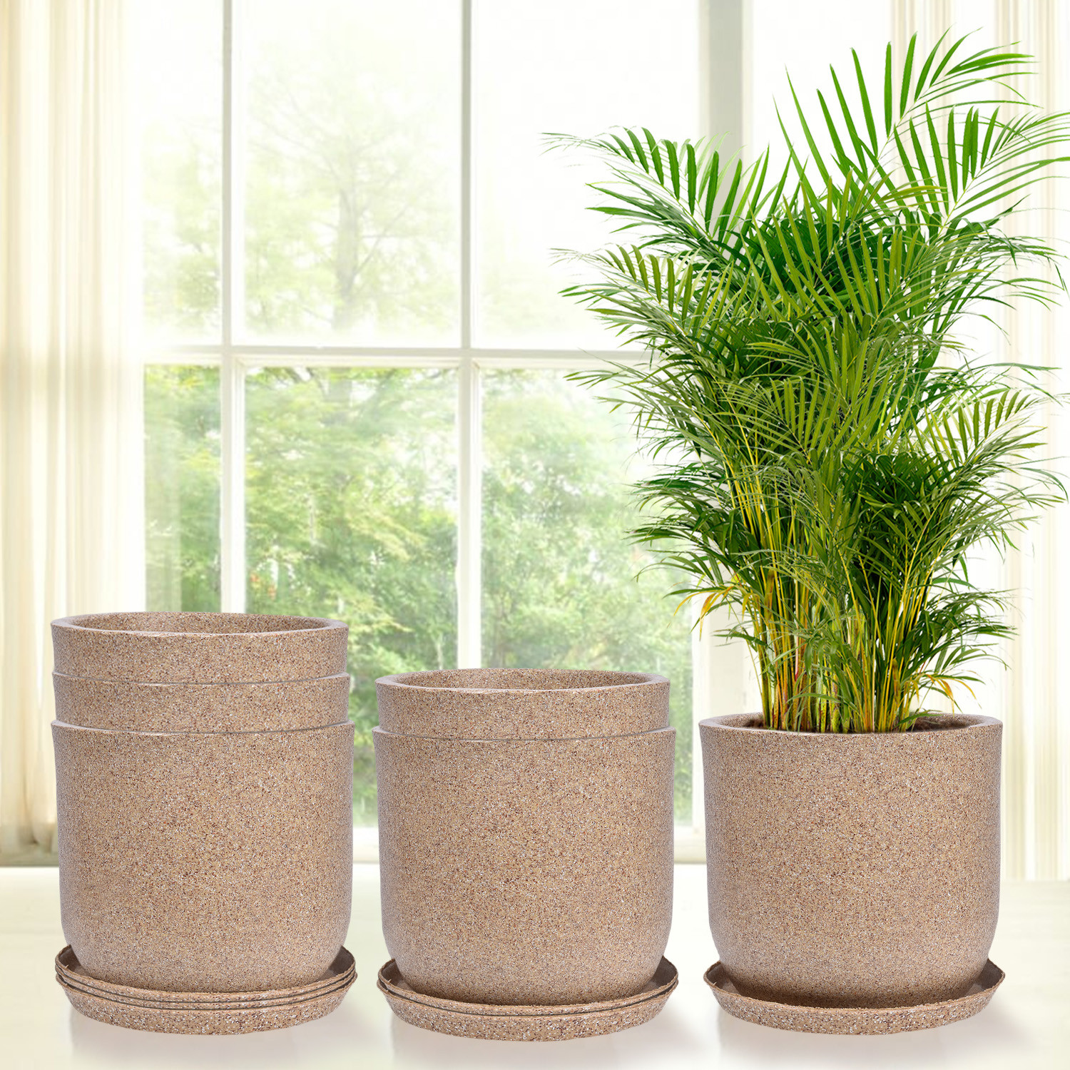 Kuber Industries Flower Pot with Plate | 10 Inch Lightweight Polymers Indoor-Outdoor Plant Pots | Flower Pot Gamla for Home-Office & Garden | Flower Pot for Living Room | Marble Jaguar | Sand