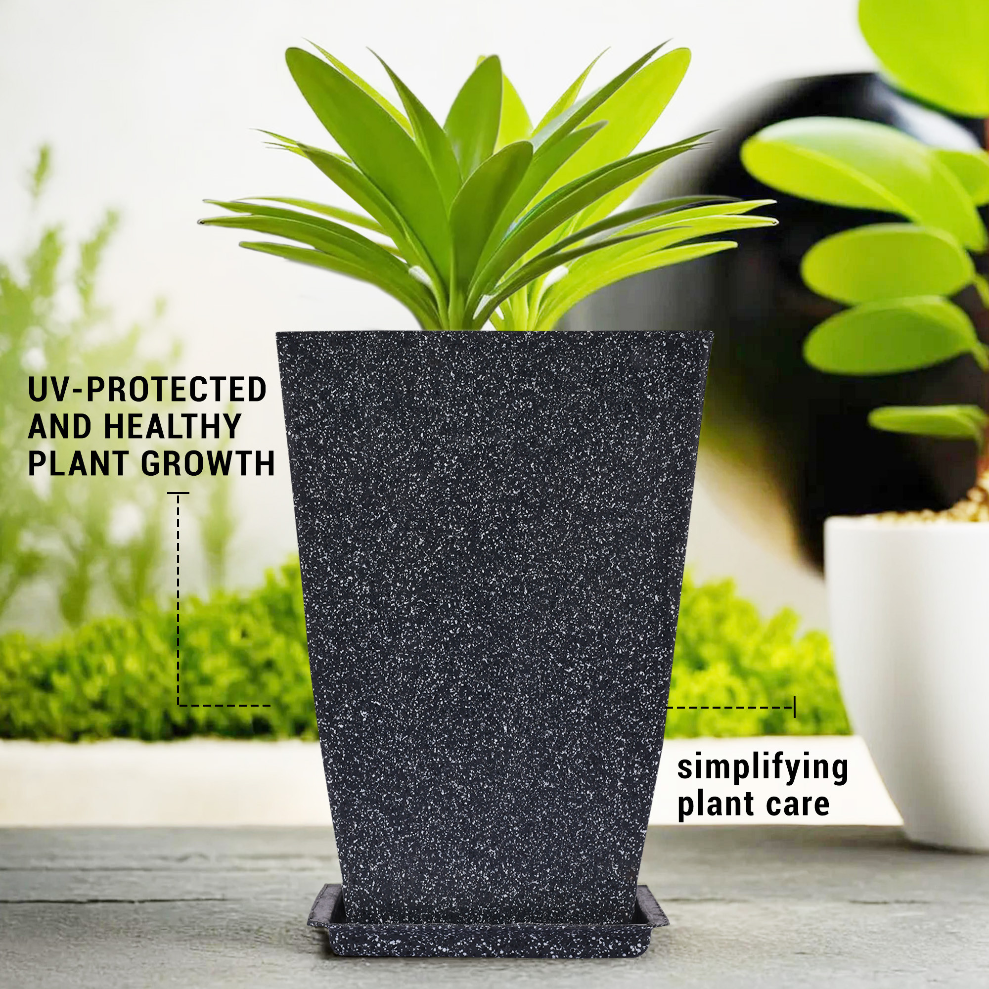 Kuber Industries Flower Pot with Plate | 12 Inch Lightweight Polymers Indoor-Outdoor Plant Pots | Flower Pot Gamla for Home-Office & Garden | Flower Pot for Balcony | Marble Tower | Black