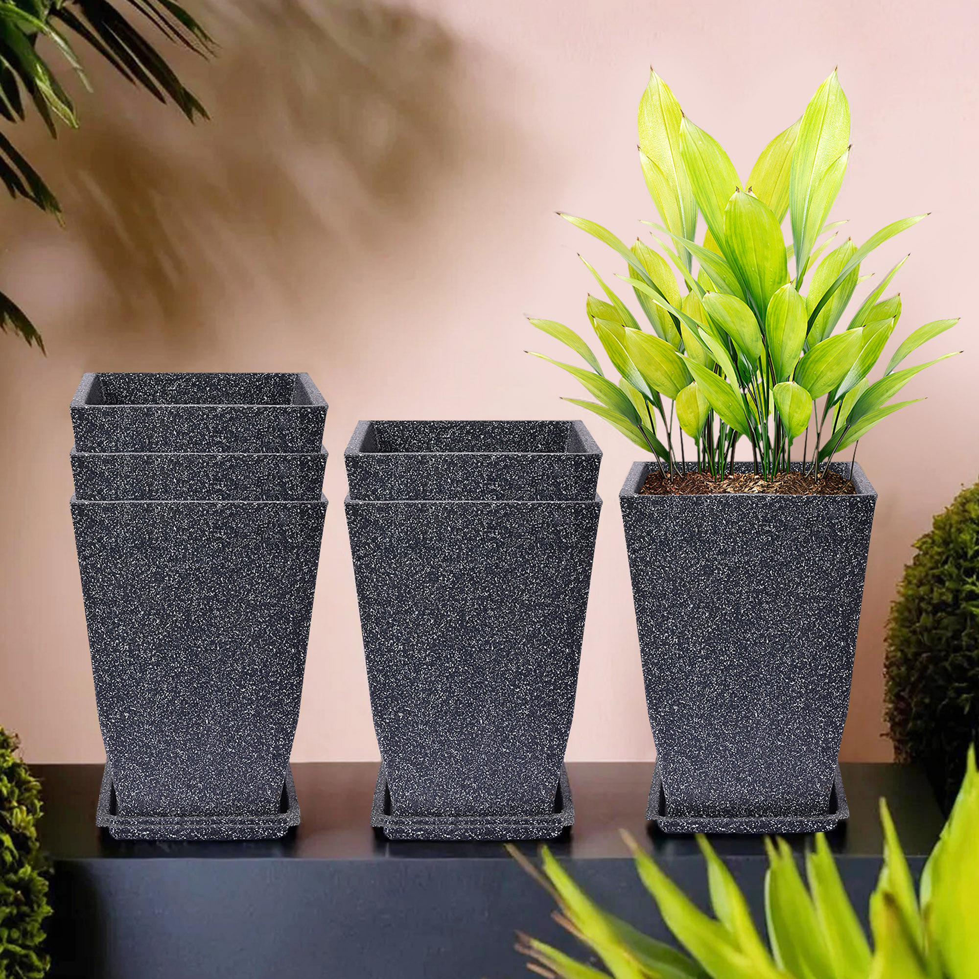 Kuber Industries Flower Pot with Plate | 12 Inch Lightweight Polymers Indoor-Outdoor Plant Pots | Flower Pot Gamla for Home-Office & Garden | Flower Pot for Balcony | Marble Tower | Black
