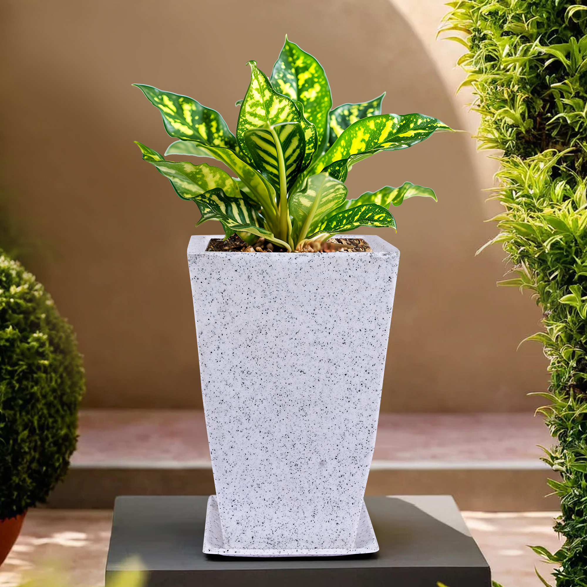 Kuber Industries Flower Pot with Plate | 12 Inch Lightweight Polymers Indoor-Outdoor Plant Pots | Flower Pot Gamla for Home-Office & Garden | Flower Pot for Balcony | Marble Tower | White