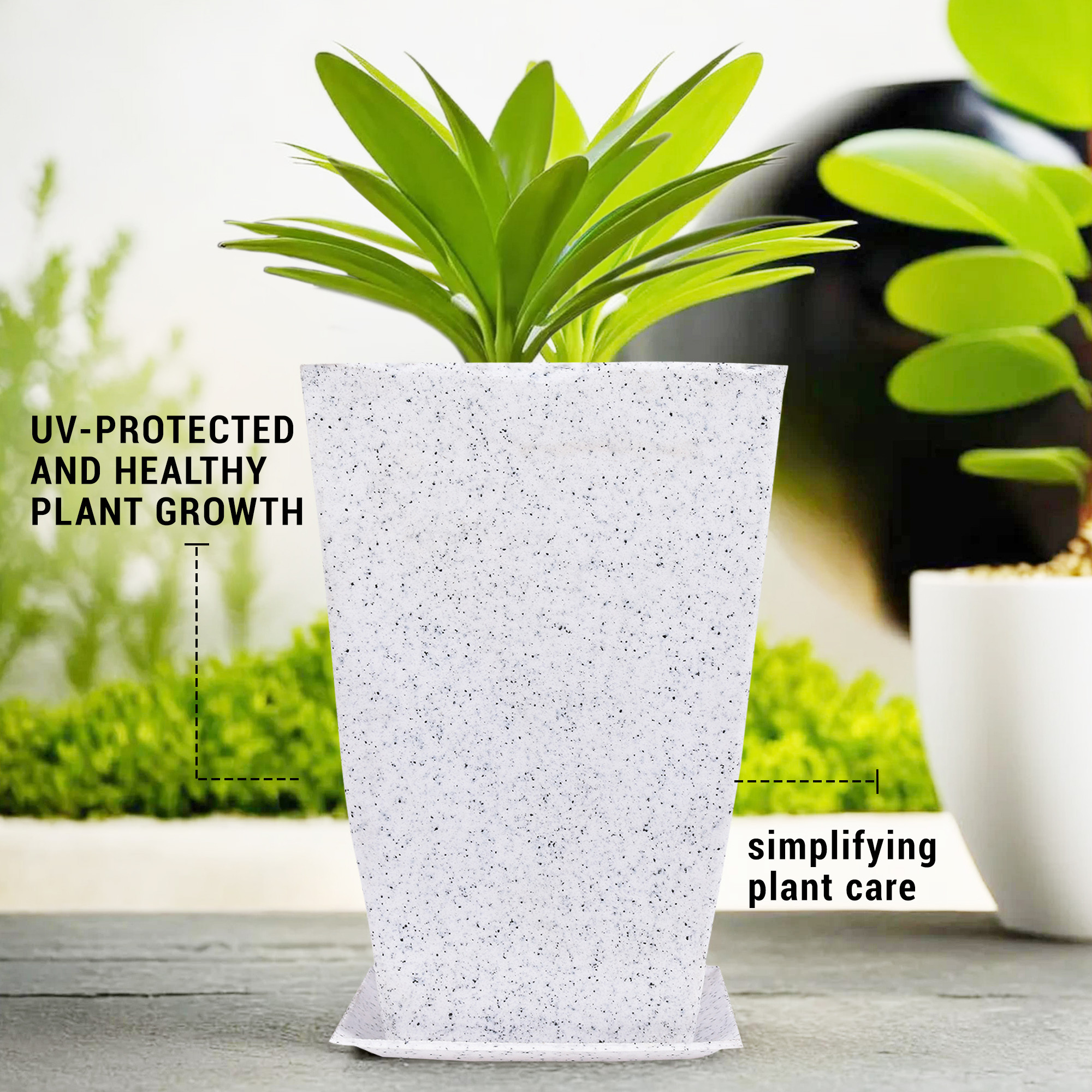 Kuber Industries Flower Pot with Plate | 12 Inch Lightweight Polymers Indoor-Outdoor Plant Pots | Flower Pot Gamla for Home-Office & Garden | Flower Pot for Balcony | Marble Tower | White