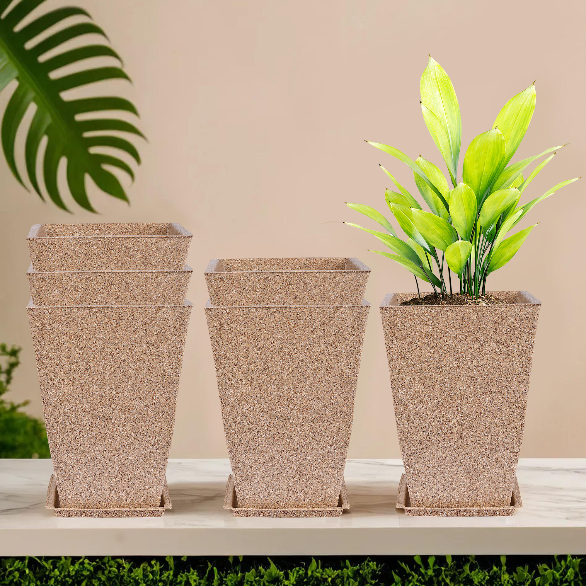 Kuber Industries Flower Pot with Plate | 12 Inch Lightweight Polymers Indoor-Outdoor Plant Pots | Flower Pot Gamla for Home-Office & Garden | Flower Pot for Balcony | Marble Tower | Sand