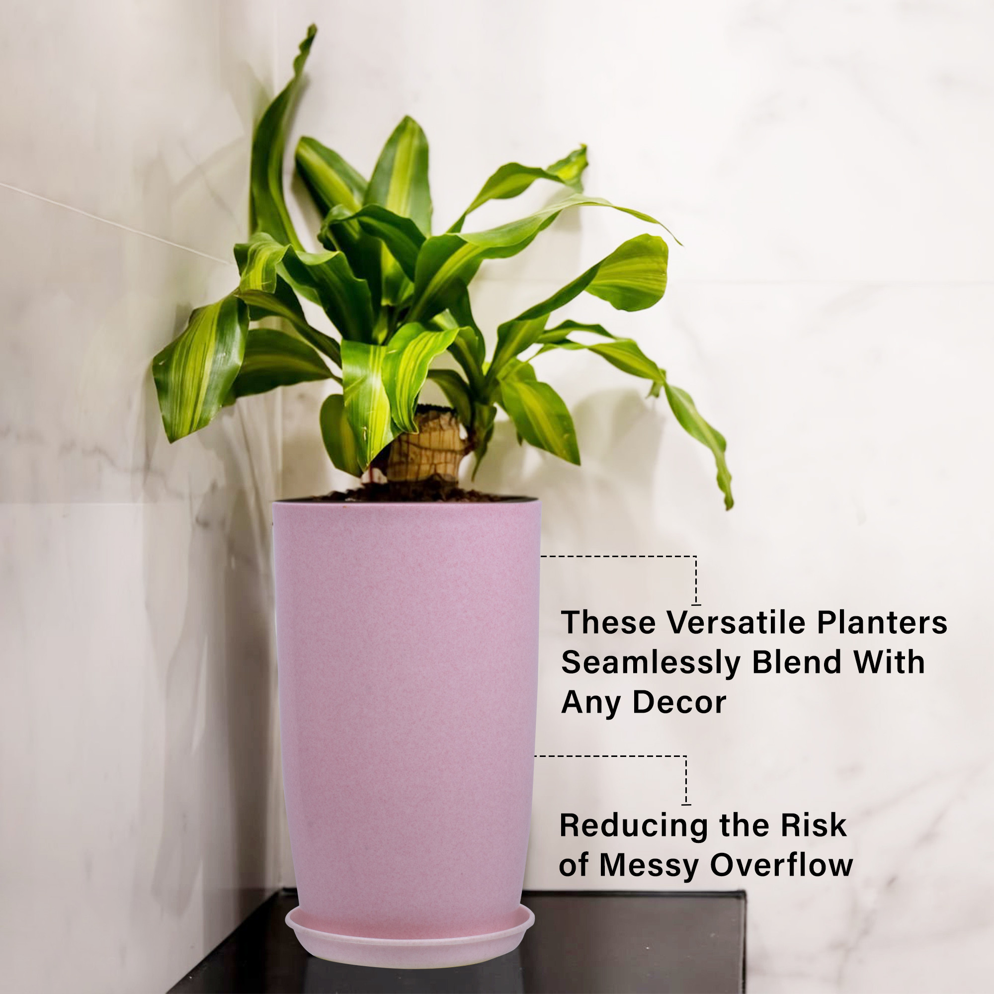 Kuber Industries Flower Pot with Plate | 18 Inch Lightweight Polymers Indoor-Outdoor Plant Pots | Flower Pot Gamla for Home-Office & Garden | Planter for Living Room | Marble Emerald | Pink