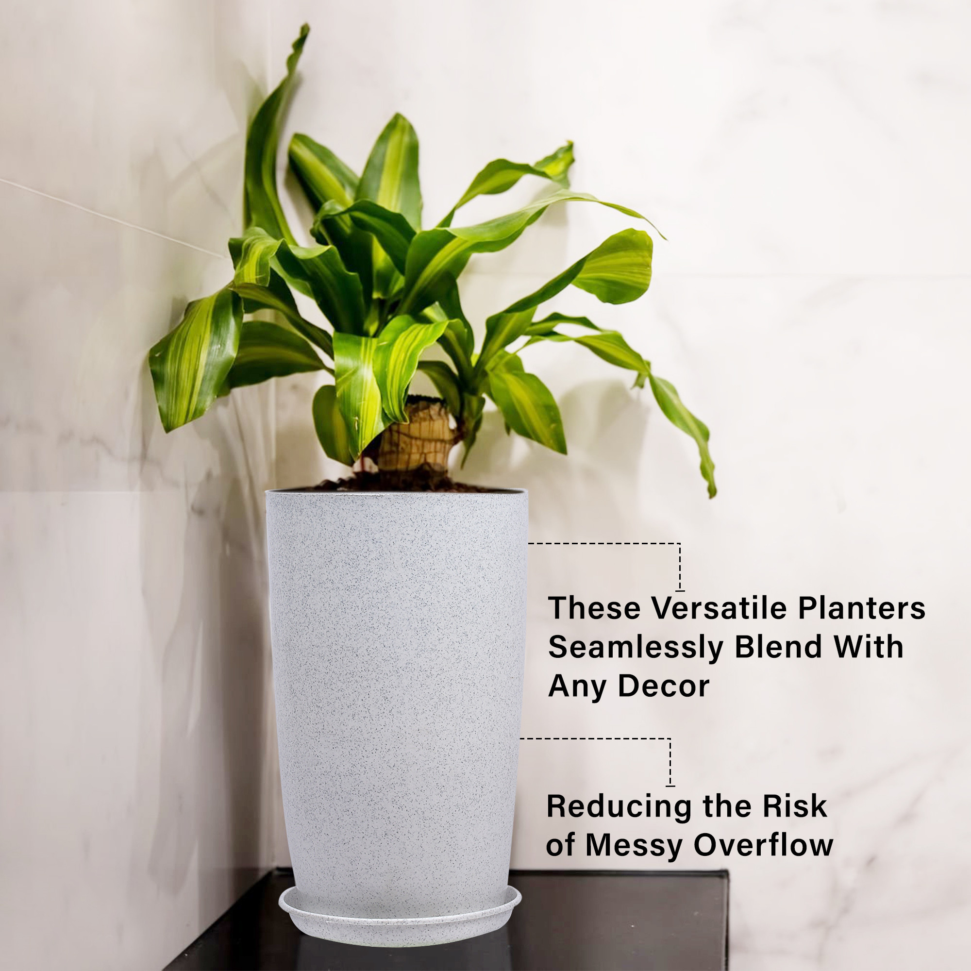 Kuber Industries Flower Pot with Plate | 18 Inch Lightweight Polymers Indoor-Outdoor Plant Pots | Flower Pot Gamla for Home-Office & Garden | Planter for Living Room | White