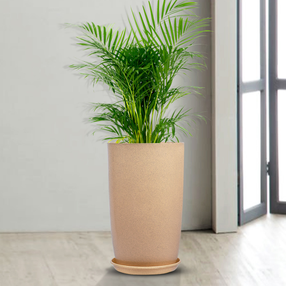 Kuber Industries Flower Pot with Plate | 18 Inch Lightweight Polymers Indoor-Outdoor Plant Pots | Flower Pot Gamla for Home-Office &amp; Garden | Planter for Living Room | Beige