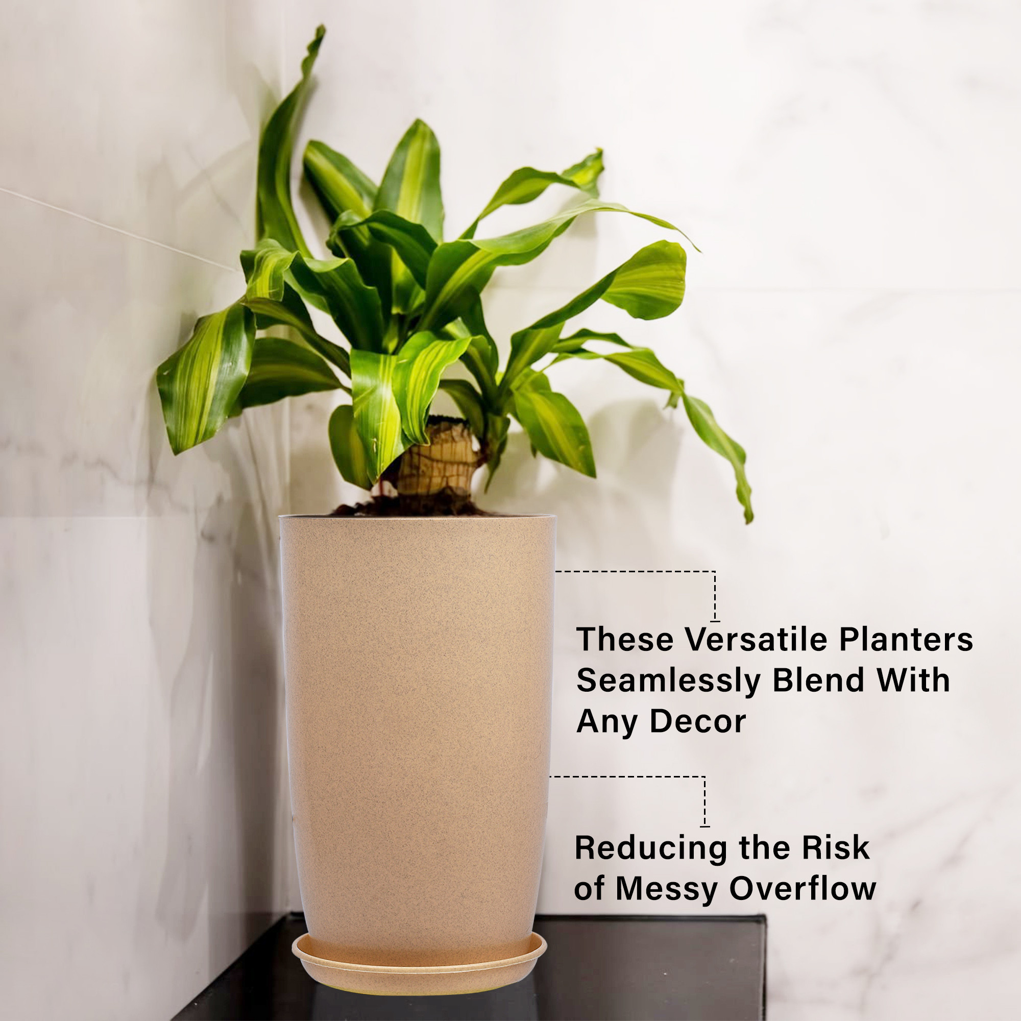 Kuber Industries Flower Pot with Plate | 18 Inch Lightweight Polymers Indoor-Outdoor Plant Pots | Flower Pot Gamla for Home-Office & Garden | Planter for Living Room | Beige