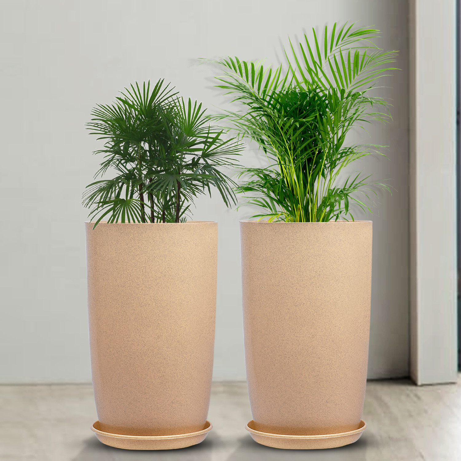 Kuber Industries Flower Pot with Plate | 18 Inch Lightweight Polymers Indoor-Outdoor Plant Pots | Flower Pot Gamla for Home-Office & Garden | Planter for Living Room | Beige