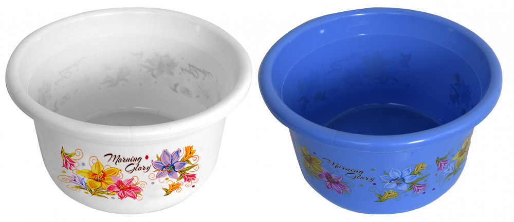 Kuber Industries Flower Print 2 Pieces Unbreakable Plastic Multipurpose Bath Tub/Washing Tub 25 Ltr (Blue &amp; White)