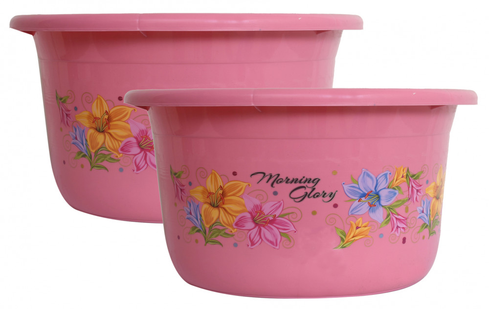 Kuber Industries Flower Print 2 Pieces Unbreakable Plastic Multipurpose Bath Tub/Washing Tub 25 Ltr (Pink)
