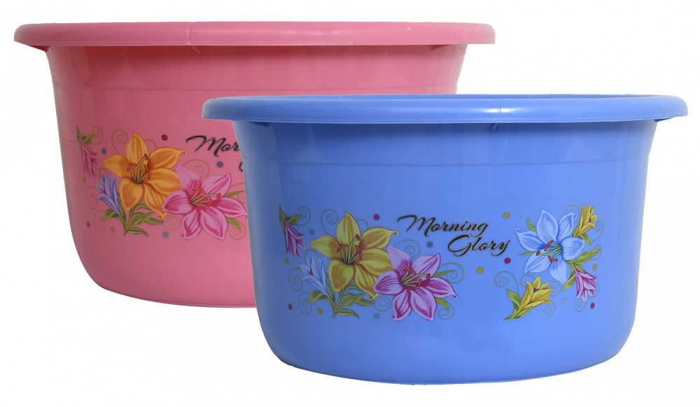 Kuber Industries Flower Print 2 Pieces Unbreakable Plastic Multipurpose Bath Tub/Washing Tub 25 Ltr (Pink &amp; Blue)