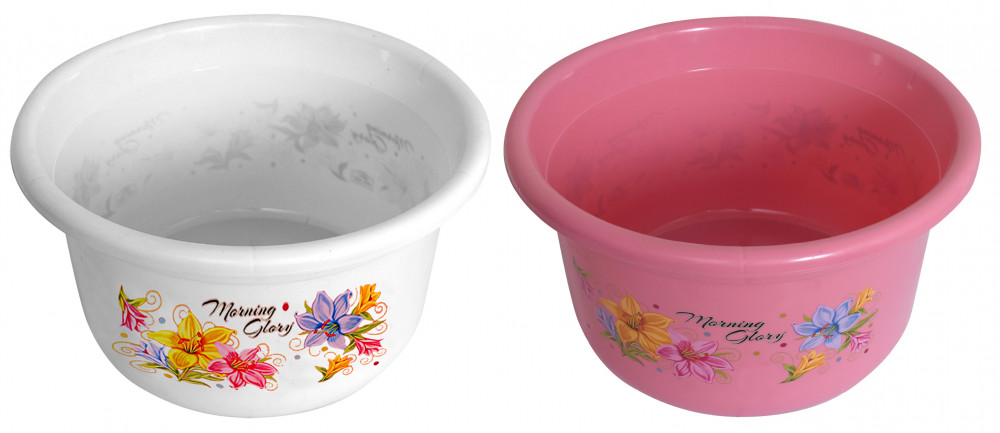 Kuber Industries Flower Print 2 Pieces Unbreakable Plastic Multipurpose Bath Tub/Washing Tub 25 Ltr (Pink &amp; White)