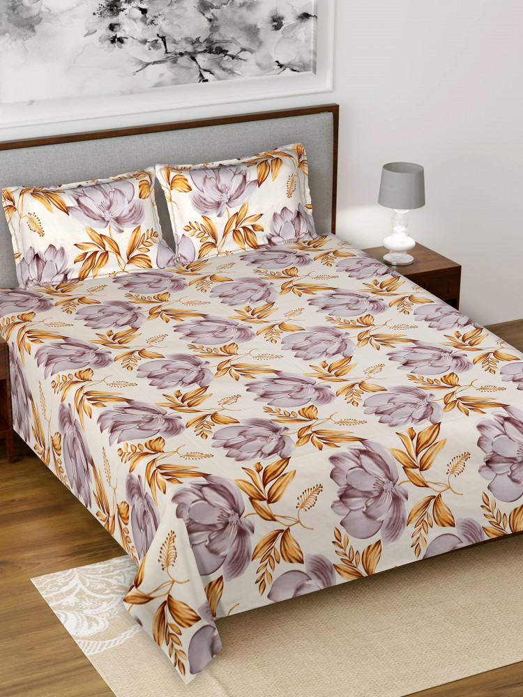 Kuber Industries Flower Print Glace Cotton 144 TC King Size Double Bedsheet with 2 Pillow Covers (White)