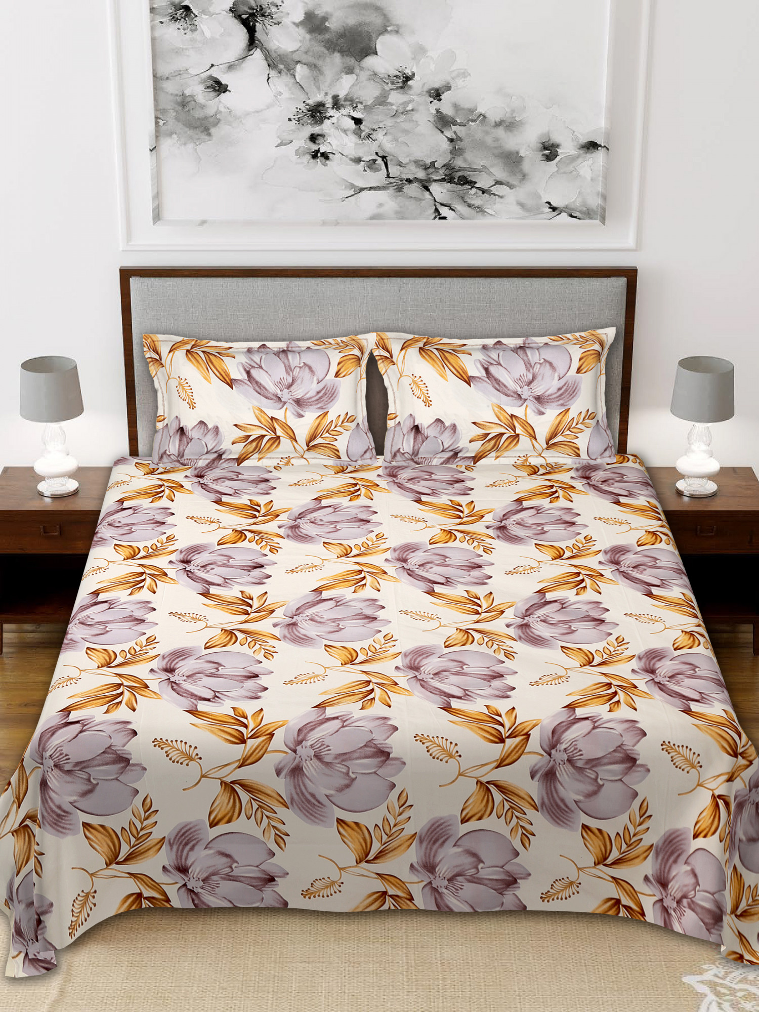 Kuber Industries Flower Print Glace Cotton 144 TC King Size Double Bedsheet with 2 Pillow Covers (White)