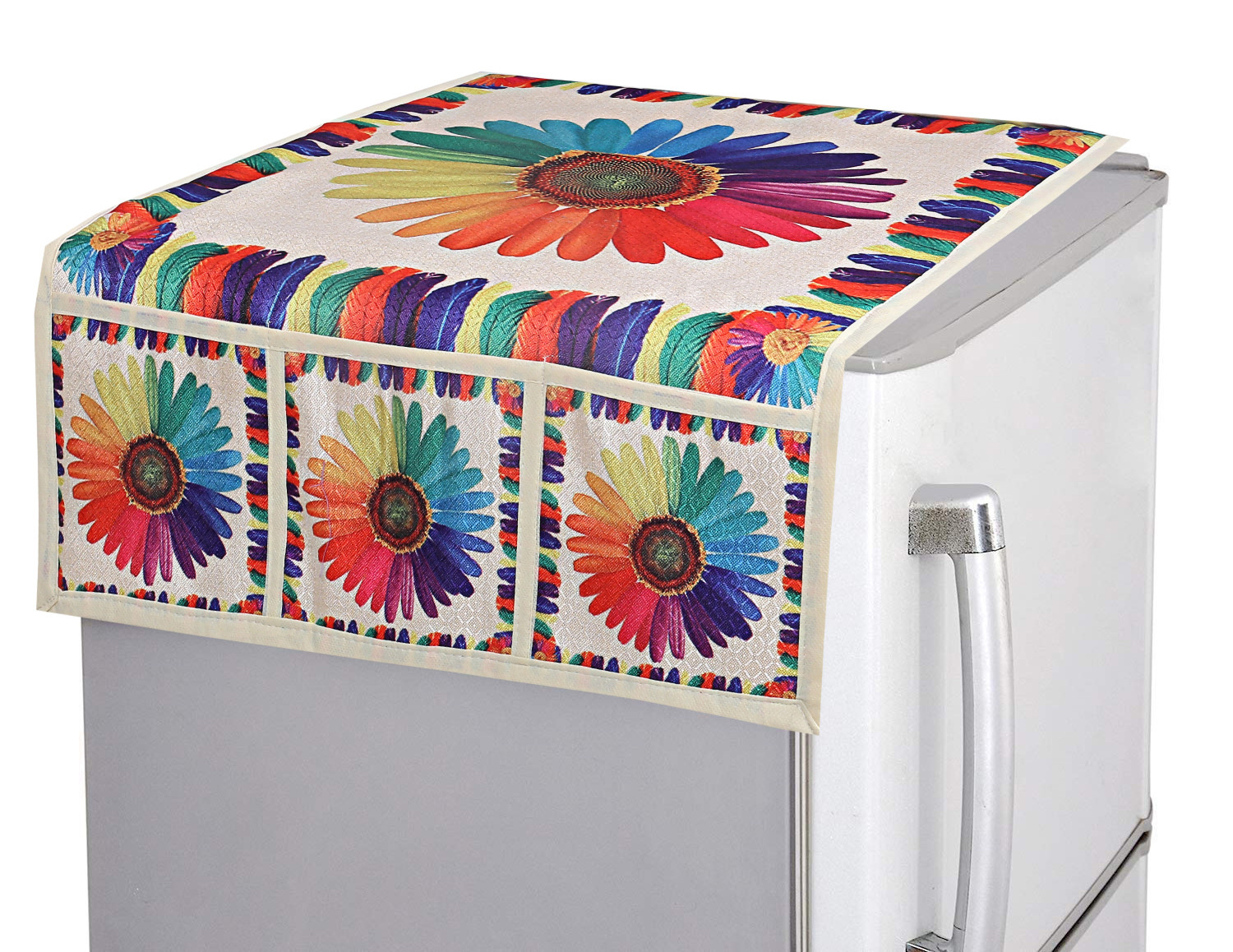 Kuber Industries Flower Print Jute 3-Layered Fridge/Refrigerator Top Cover with 6 Utility Pockets,Gold