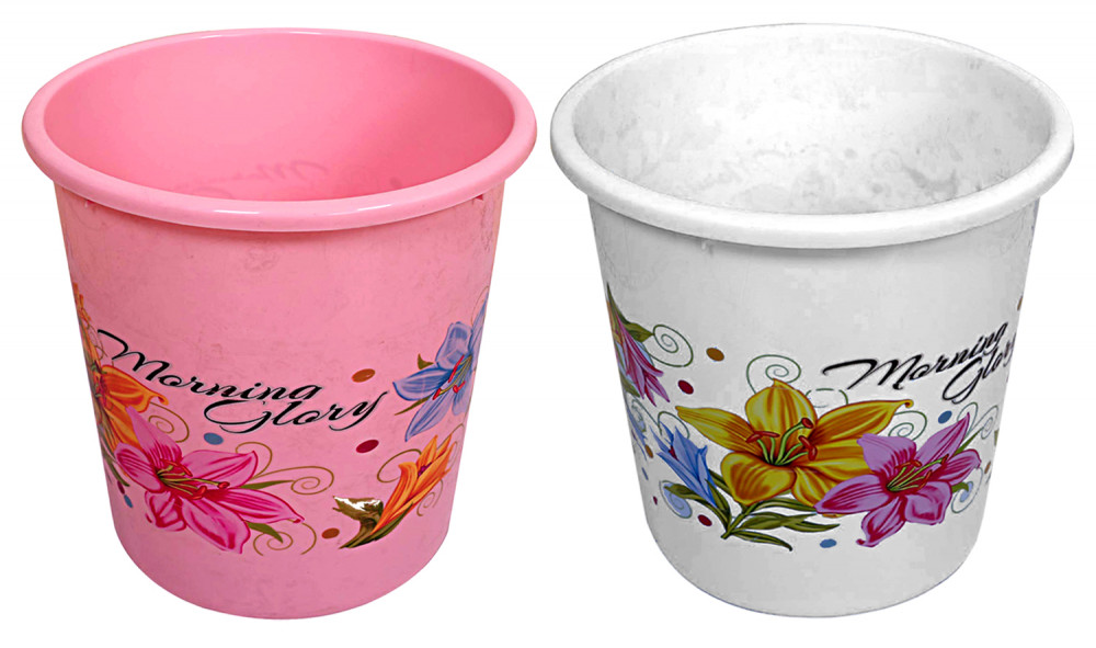 Kuber Industries Flower Print Plastic 2 Pieces Dustbin/ Garbage Bin/ Waste Bin, 13 Liters (Pink &amp; White)