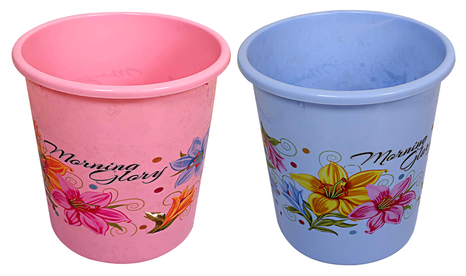 Kuber Industries Flower Print Plastic 2 Pieces Dustbin/ Garbage Bin/ Waste Bin, 7 Liters (Pink & Blue)