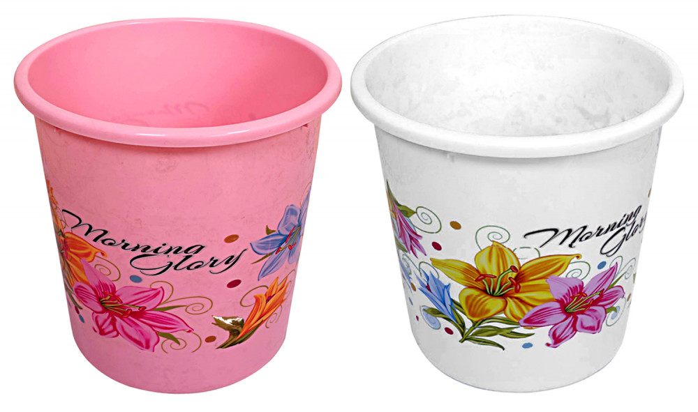 Kuber Industries Flower Print Plastic 2 Pieces Dustbin/ Garbage Bin/ Waste Bin, 7 Liters (Pink &amp; White)