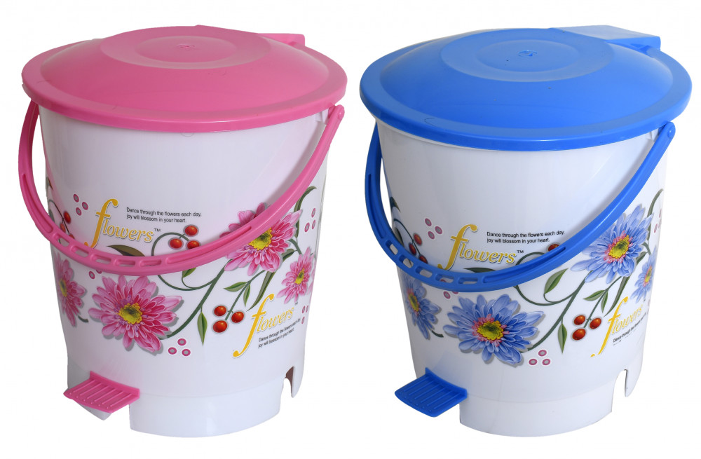 Kuber Industries Flower Print Plastic 2 Pieces Dustbin/ Garbage Bin/ Waste Bin With Lid, 10 Liters (Pink &amp; Blue)