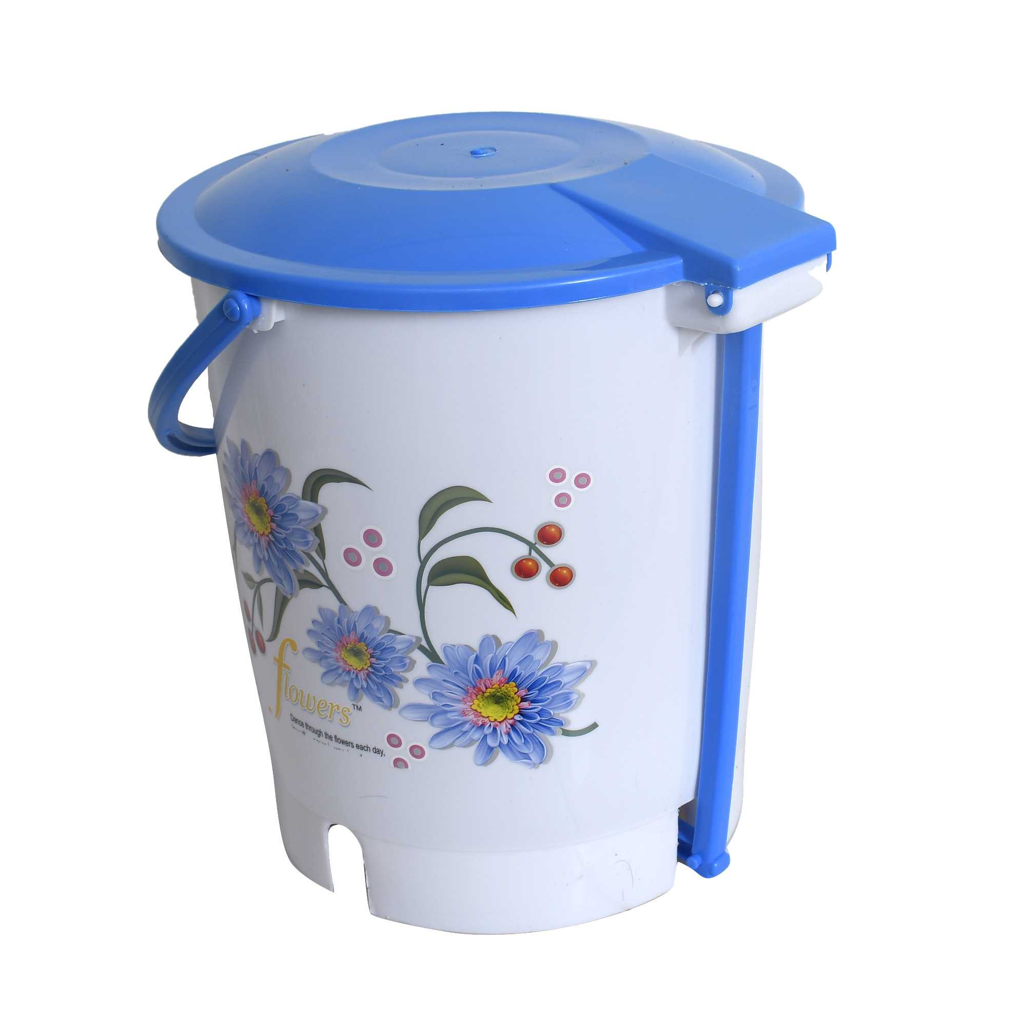 Kuber Industries Flower Print Plastic 2 Pieces Dustbin/ Garbage Bin/ Waste Bin With Lid, 10 Liters (Pink & Blue)