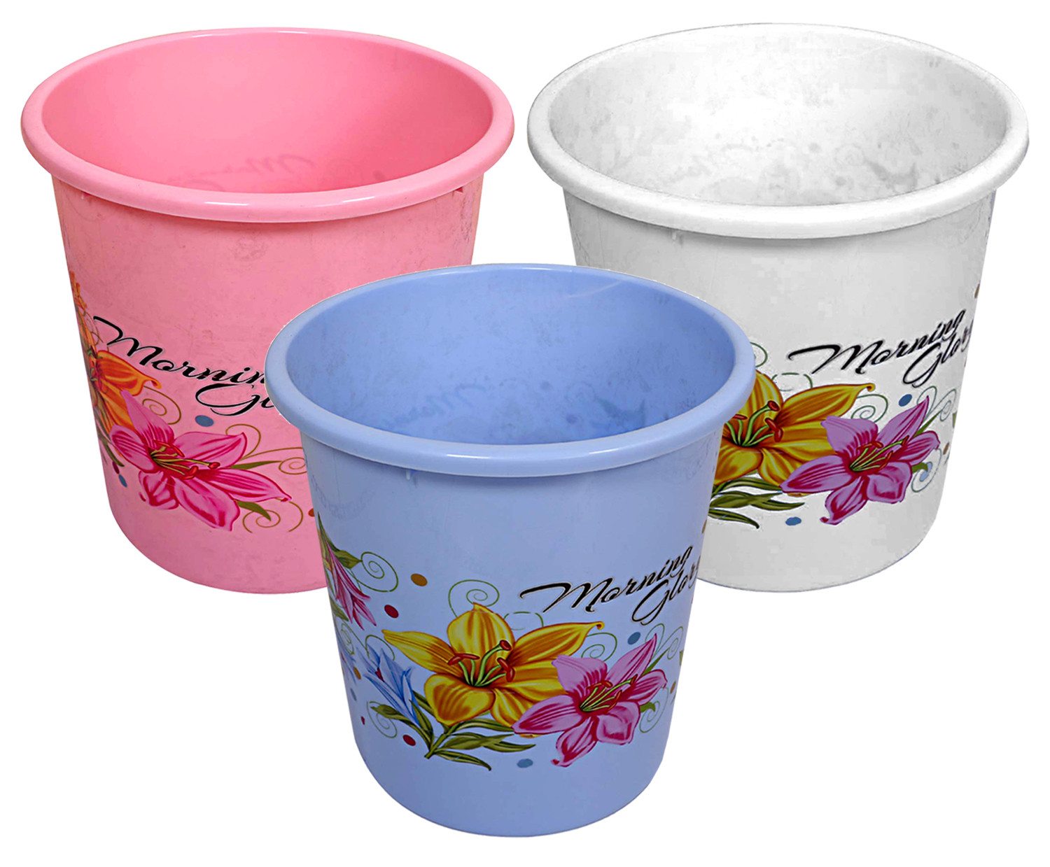 Kuber Industries Flower Print Plastic 3 Pieces Dustbin/ Garbage Bin/ Waste Bin, 7 Liters (Pink,Blue & White)