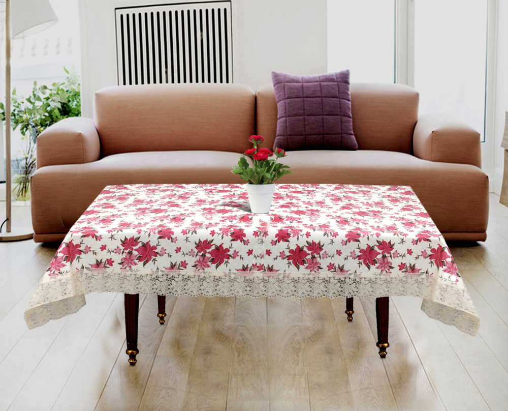 Kuber Industries Flower Print PVC 4 Seater Center Table Cover 40&quot;x60&quot;,Pink &amp; White-KUBMRT11757