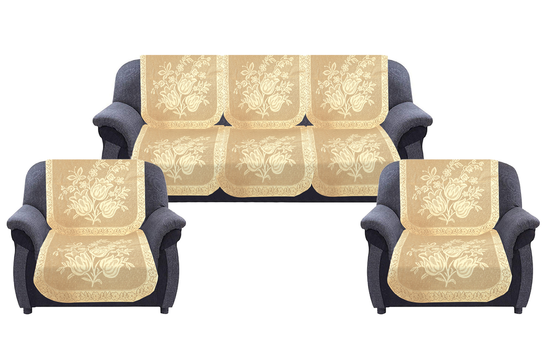 Kuber Industries Flower Printed 5 Seater Cotton Sofa Cover Set (Cream)-44KM0525